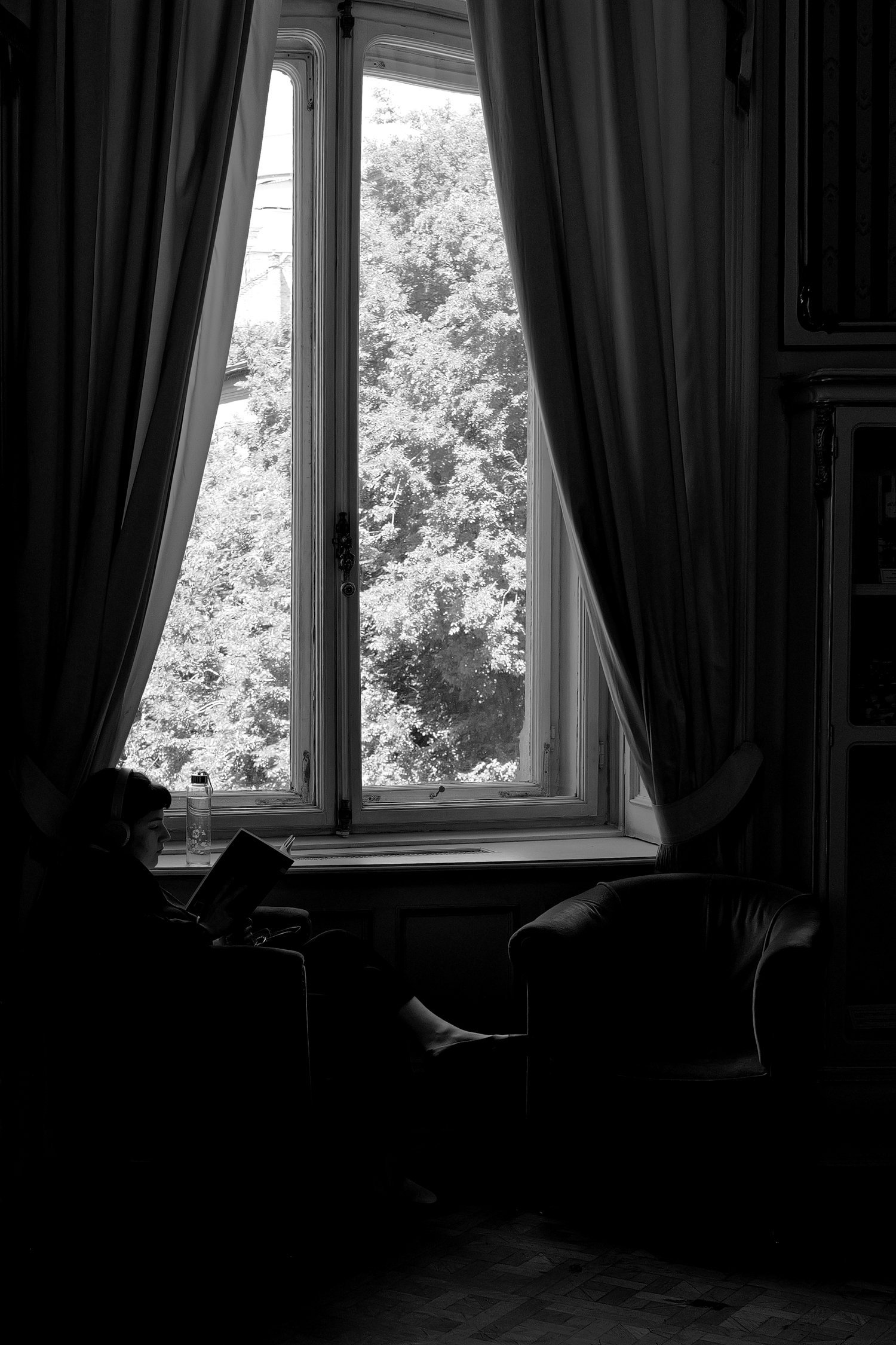 Une personne assise dans une pièce sombre, lisant un livre, avec une grande fenêtre laissant entrer la lumière et laissant voir des arbres à l'extérieur.