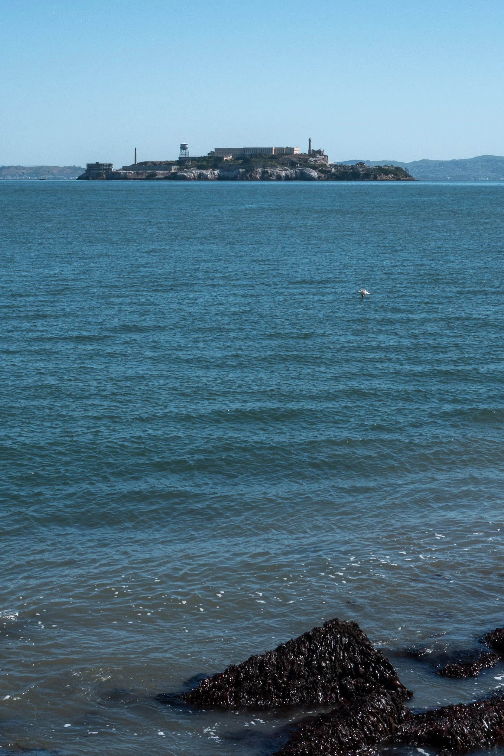 Vue d'une mer avec des rochers en premier plan et une île avec des bâtiments et une tour au loin, sous un ciel clair.