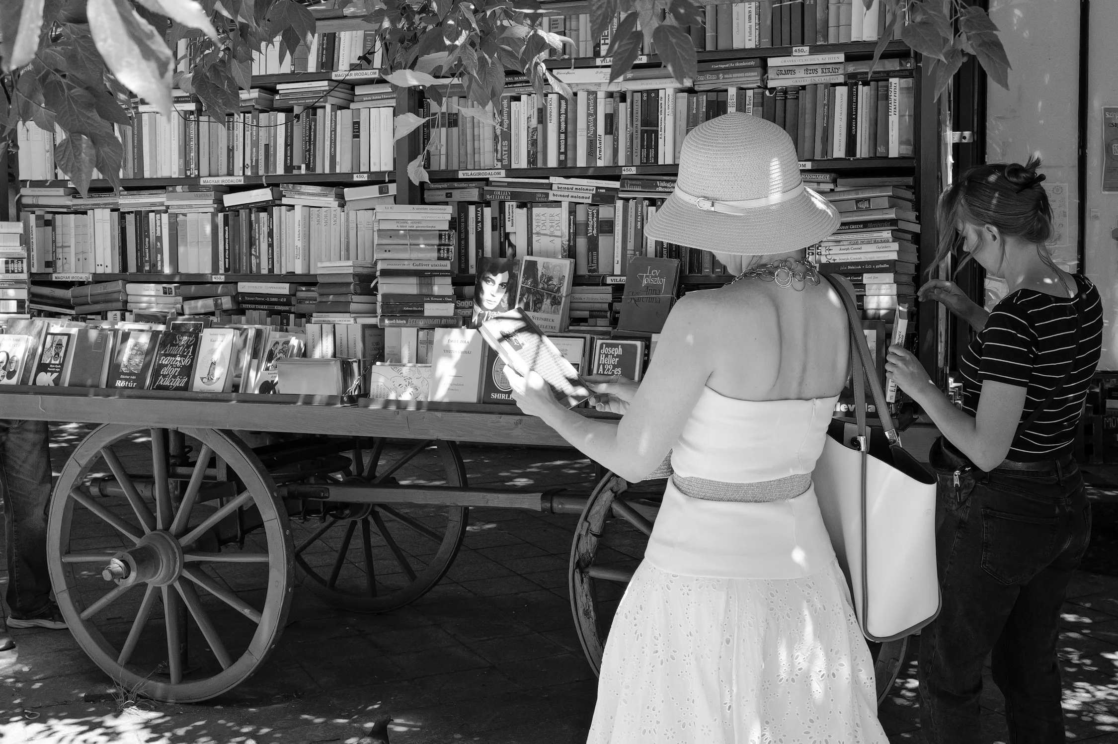 Deux femmes regardent des livres dans un stand de livres en plein air. L'une porte un chapeau large, l'autre porte un masque