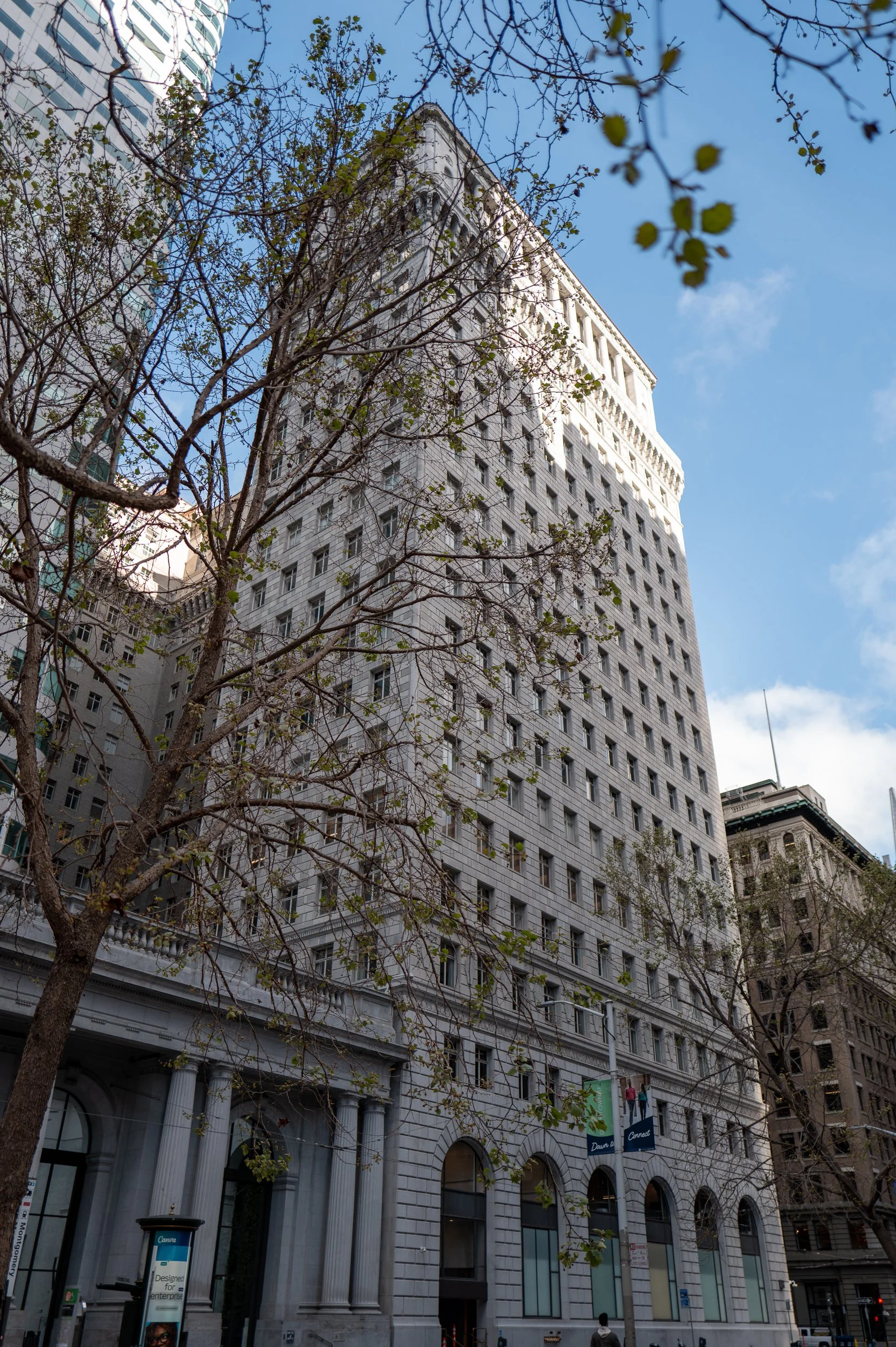 Gratte-ciel blanc avec plusieurs fenêtres, arbres sans feuilles devant, ciel bleu avec quelques nuages.