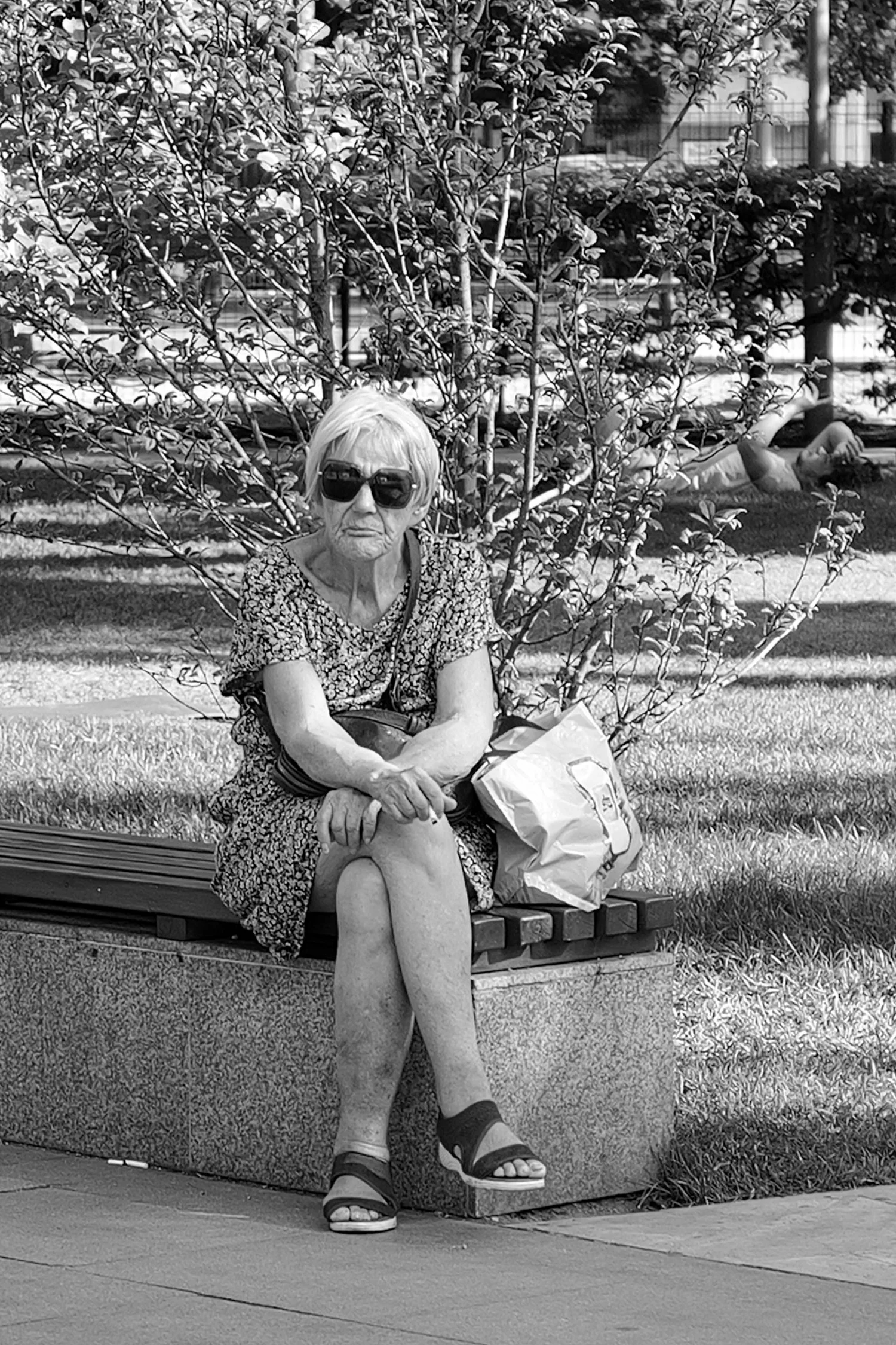 Une vieille femme portant des lunettes de soleil assise sur un banc dans un parc, avec un sac en plastique à ses côtés, derrière un arbre.