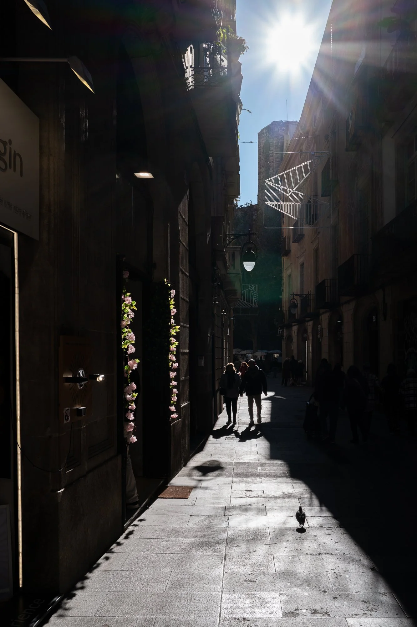 Une rue urbaine asymétrique avec des personnes marchant, ensoleillée avec des bâtiments anciens, des lampadaires, des détails de décoration, et un pigeon sur le trottoir.