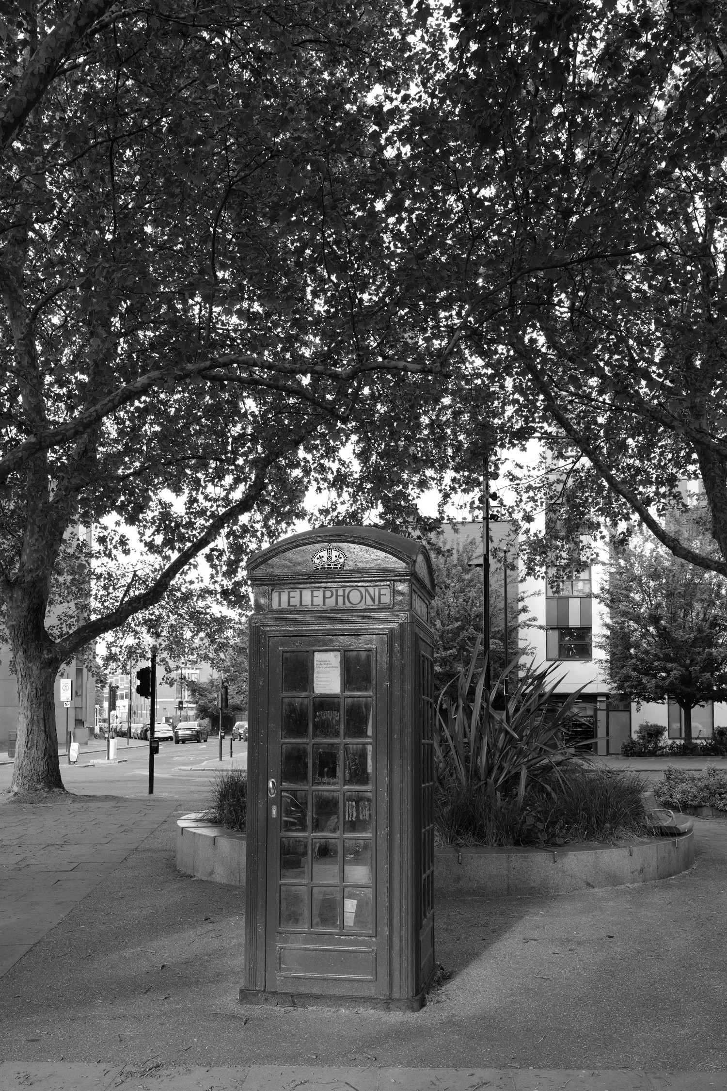Cabine téléphonique en ville avec arbres et bâtiments en arrière-plan, en noir et blanc.