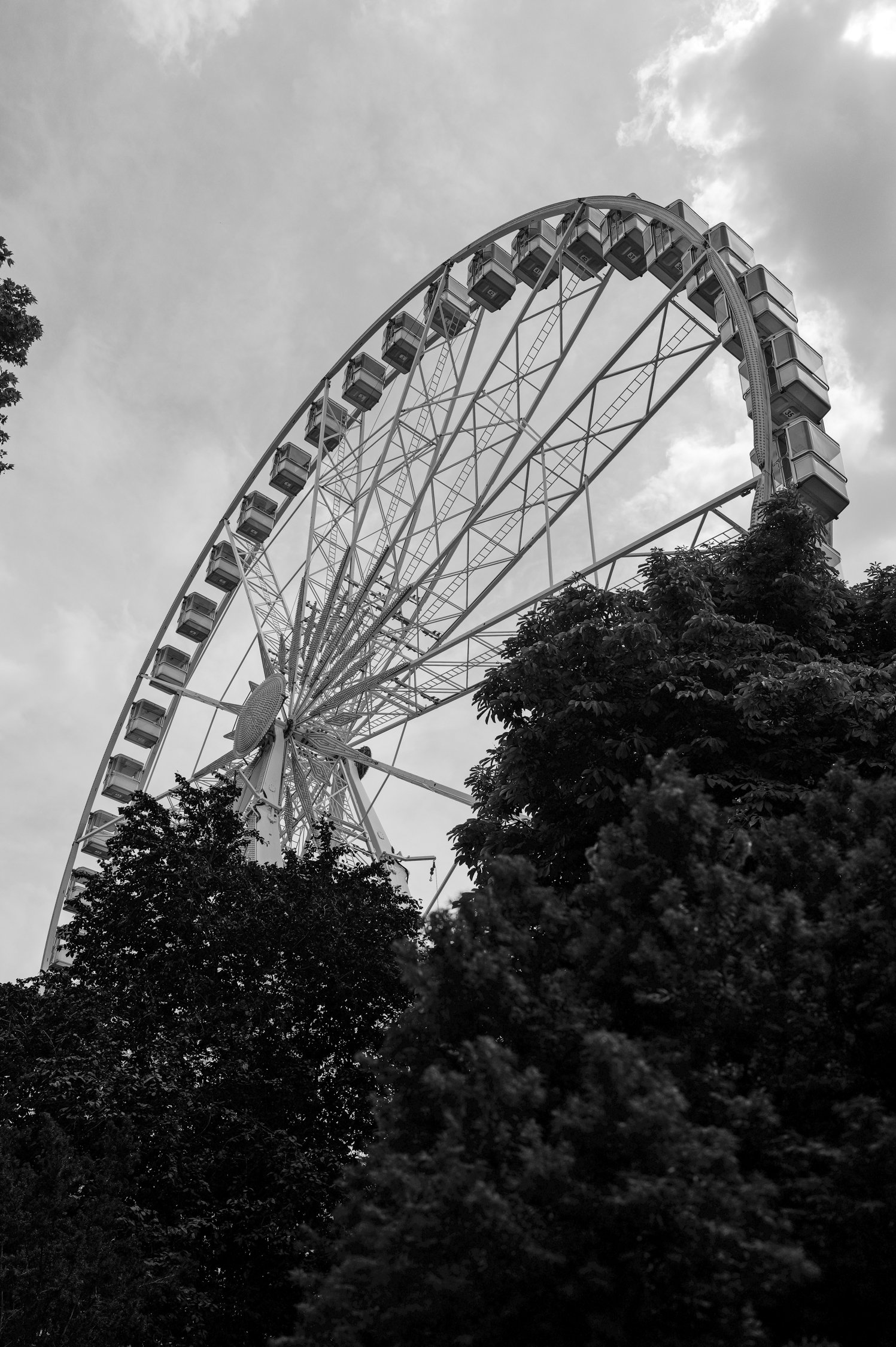 Une grande roue de carnaval ou de fête foraine vue en noir et blanc derrière des arbres.