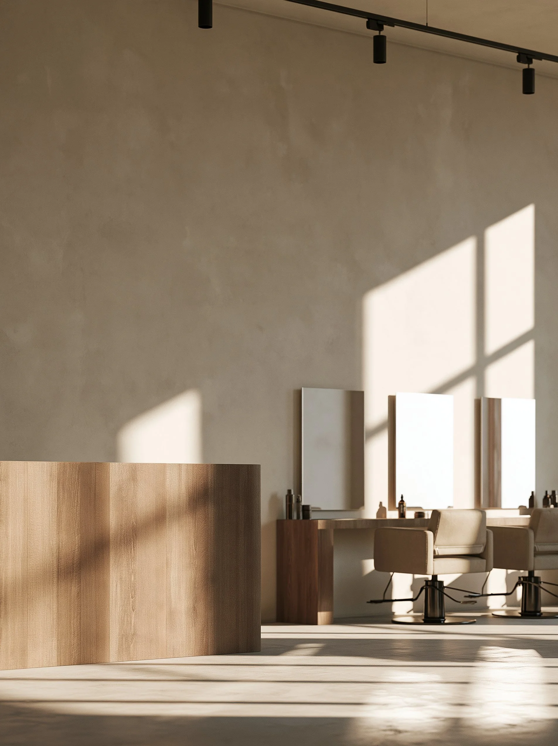 Big Little Content: a modern architecturally striking salon interior in warm daylight