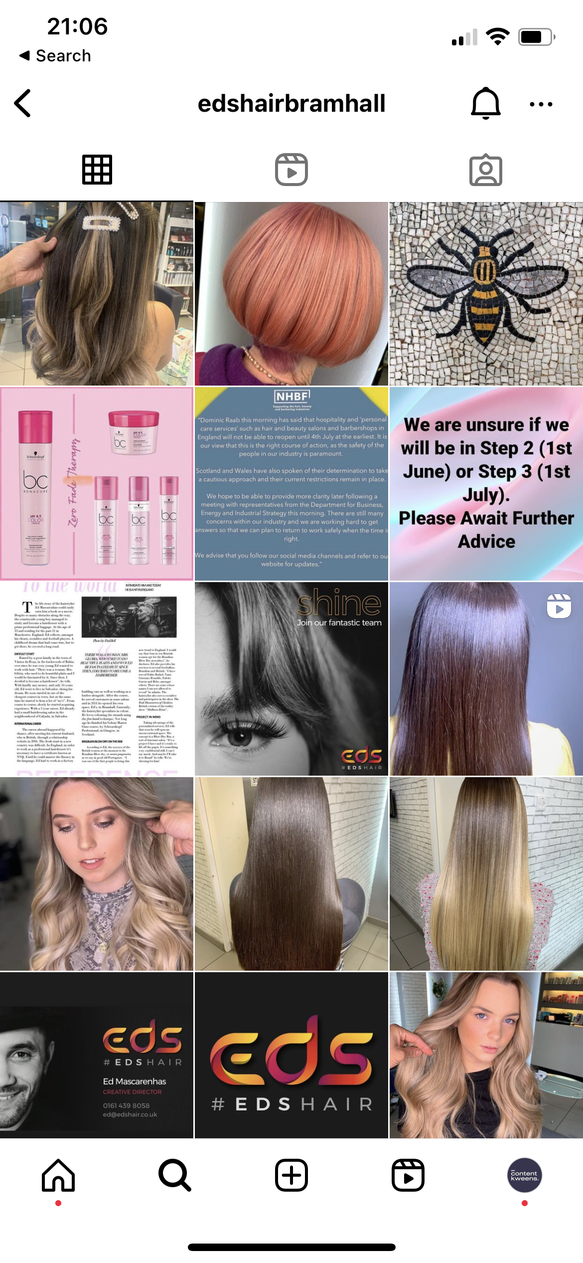Instagram profile of "edshairbramhall" showcasing various hair styles and colors, hair products, a bee mosaic, and promotional content.