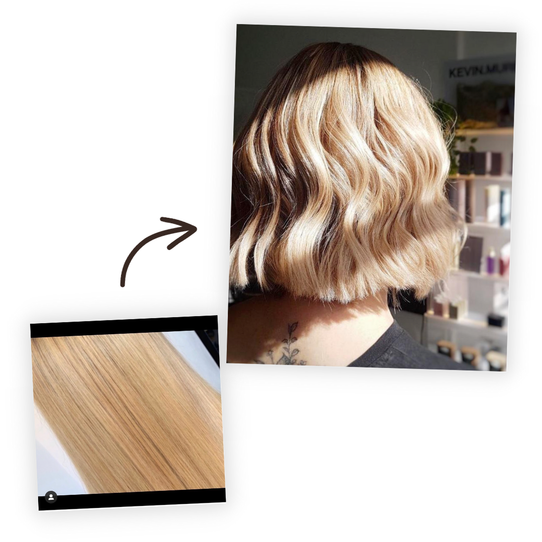 Two images of hair transformation, showing straight blonde hair before and wavy blonde bob after.