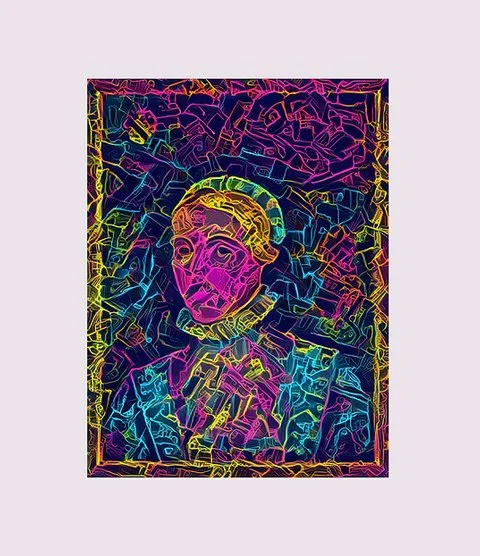 Neon-style digital artwork of a man with a beard and headband, surrounded by colorful abstract lines.