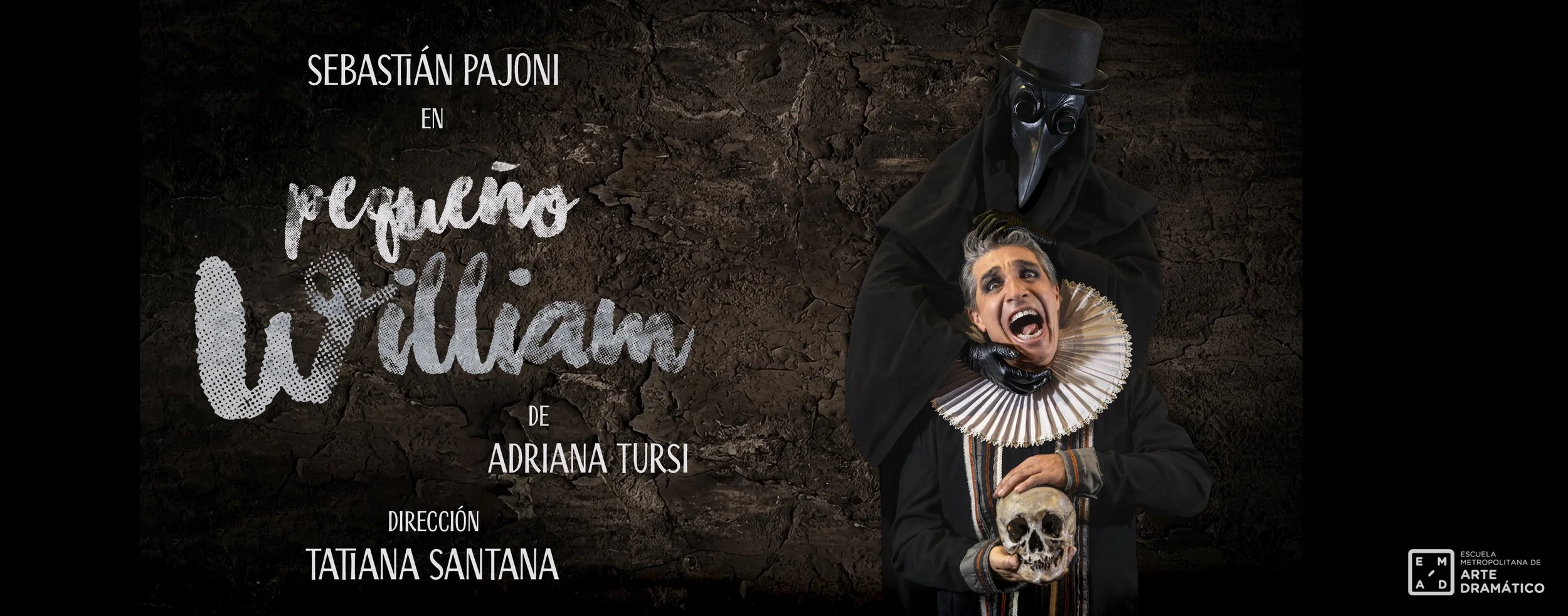 Promotional poster for a theatrical performance titled 'Pepino Widlack' by Adriana Tursi, directed by Tatiana Santana. The poster features a person dressed as a plague doctor with a mask, a top hat, and black robes, holding a skull, with a woman with a distressed expression underneath. The background is a textured dark surface.
