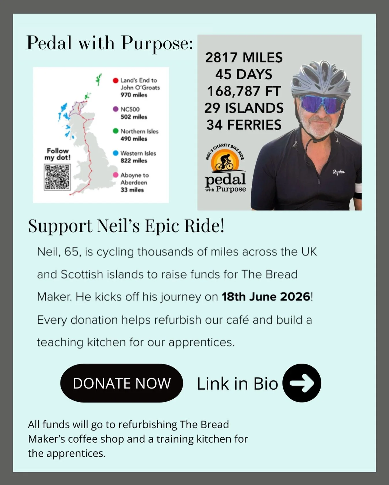 @pedalwithpurpose2026 is leading by example! 🚴&zwj;♂️💨

On June 18th, Neil is taking on a massive 2,817-mile cycle across the UK and 29 islands. He&rsquo;s pedaling to raise vital funds for a new teaching kitchen and caf&eacute; refurb for our appr
