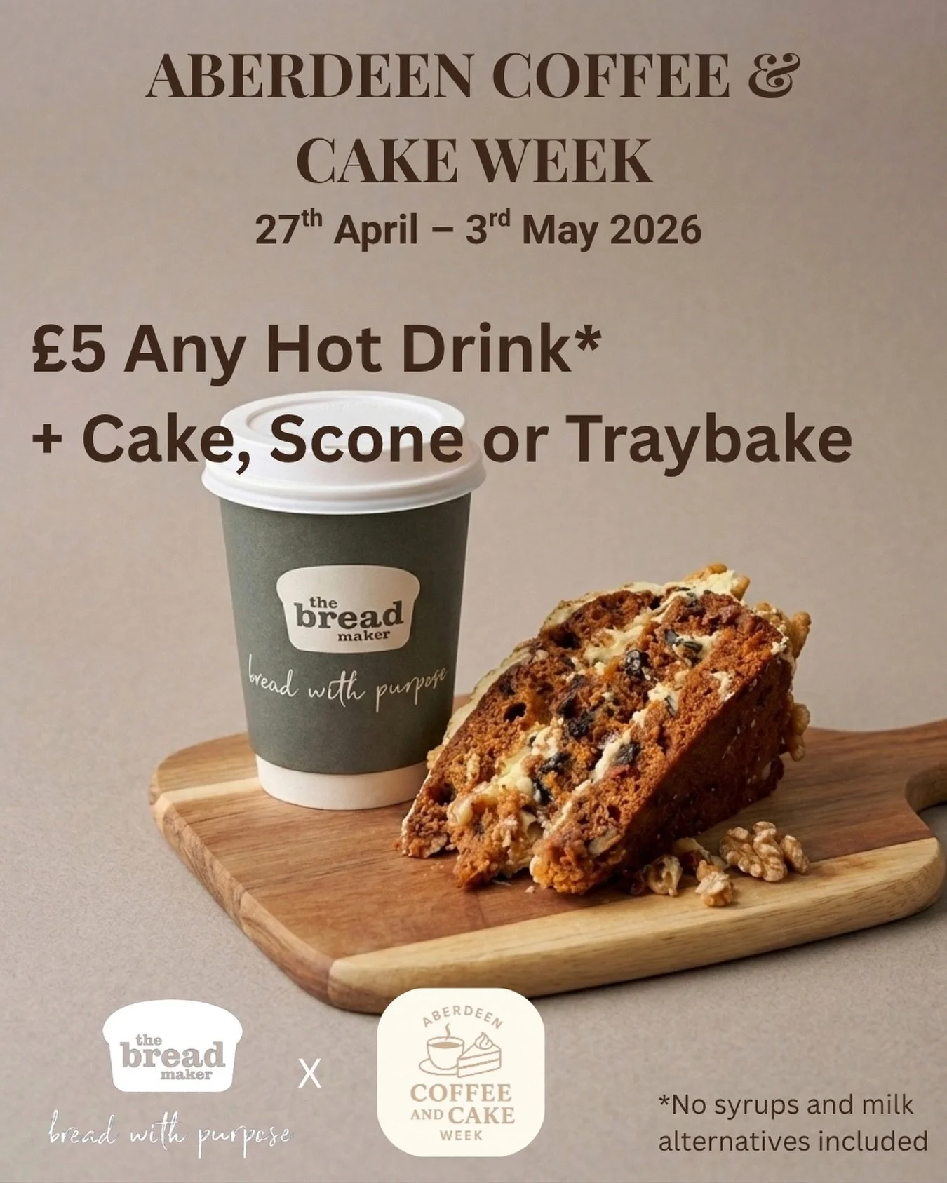 We&rsquo;re taking part in Aberdeen Coffee &amp; Cake Week!! ☕🍰

From 27 April &ndash; 3 May, pop in and enjoy any coffee with a traybake, scone or cake for &pound;5.

A small excuse to slow down, have a catch up, or treat yourself during the week, 