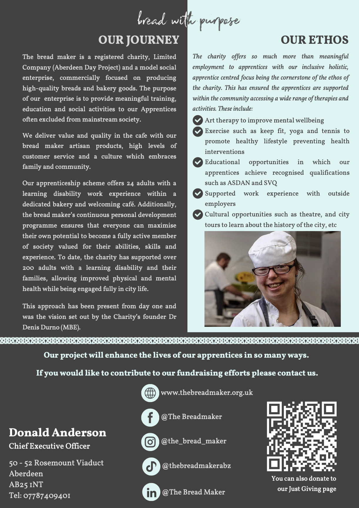 A charity flyer for The Breadmaker, a bakery and social enterprise in Aberdeen, Scotland. The flyer describes the charity's mission, activities, and apprenticeship schemes, and includes a photo of a smiling woman in a chef's hat and apron in a kitchen. The flyer also provides contact information, social media handles, and a QR code.