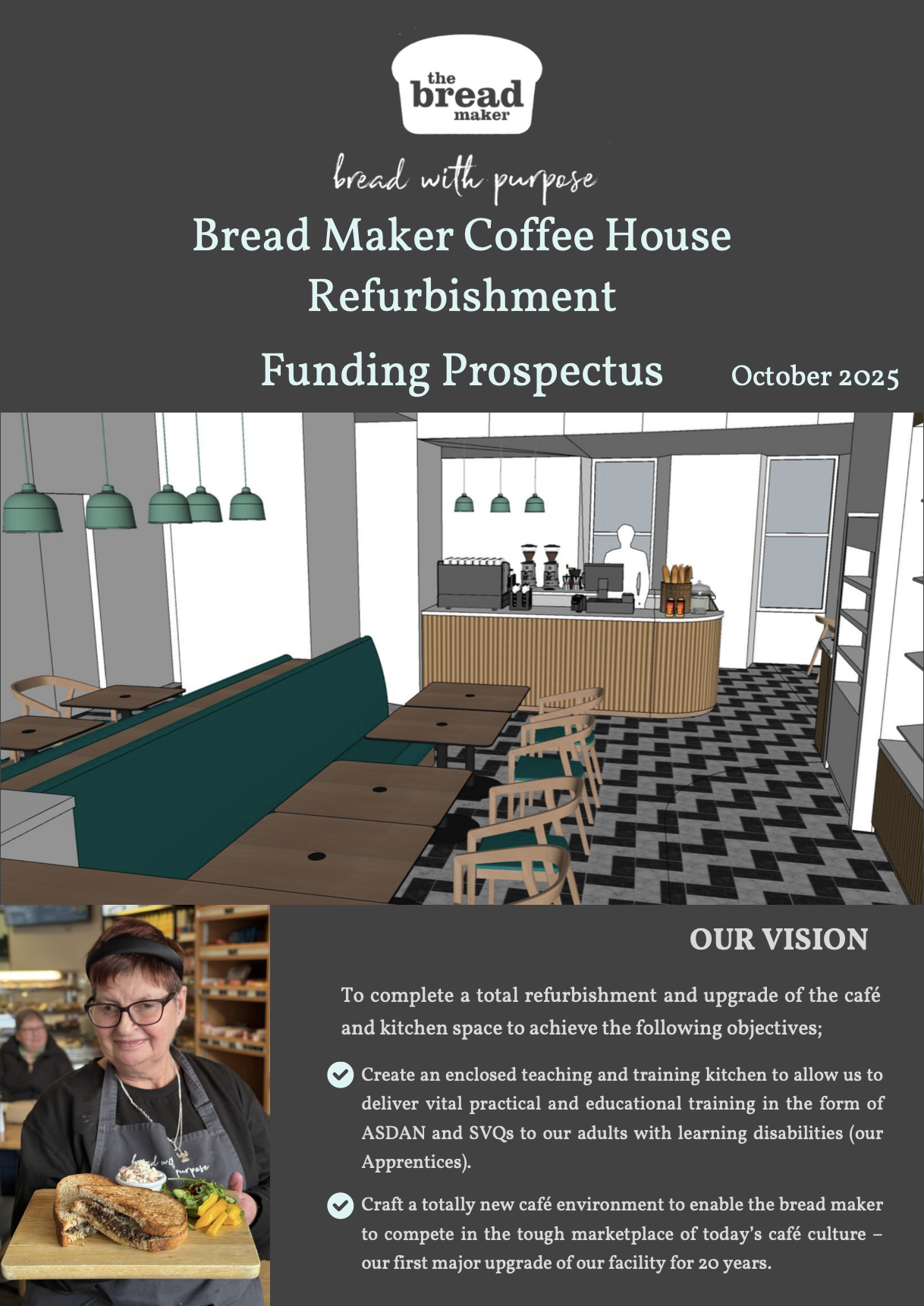 Cover page of a funding prospectus for Bread Maker Coffee House refurbishment, dated October 2025. The page features an interior illustration of the cafe with tables, chairs, and a counter, along with a photo of a woman holding a large sandwich.