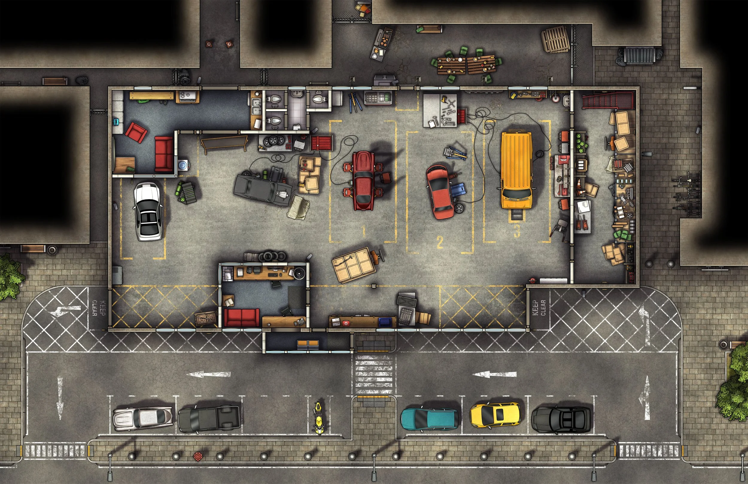 Free Modern Car Workshop and Garage TTRPG Battlemaps — Tom Cartos