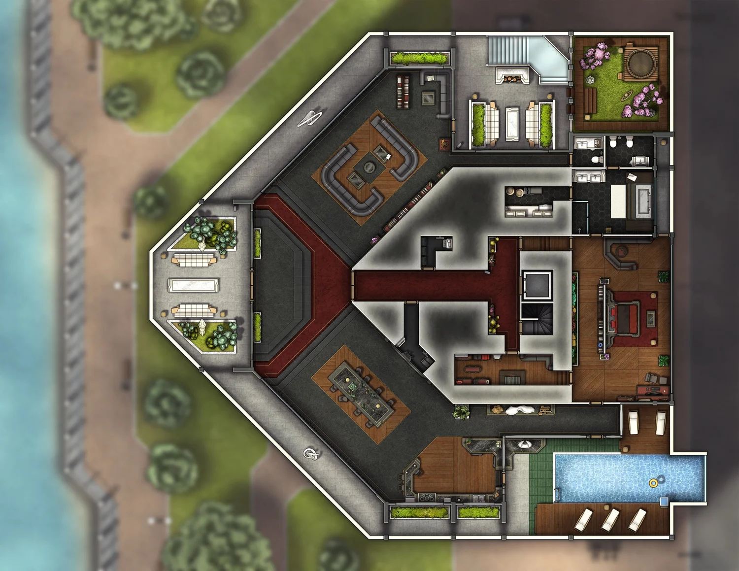 Curated visual reference: Off Grid Penthouse Apartments With Private Game Rooms Reference: Free Modern Penthouse Ttrpg Battlemaps