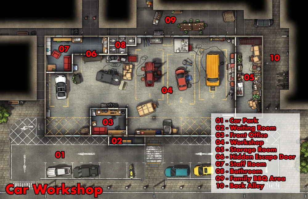 Free Modern Car Workshop and Garage TTRPG Battlemaps — Tom Cartos