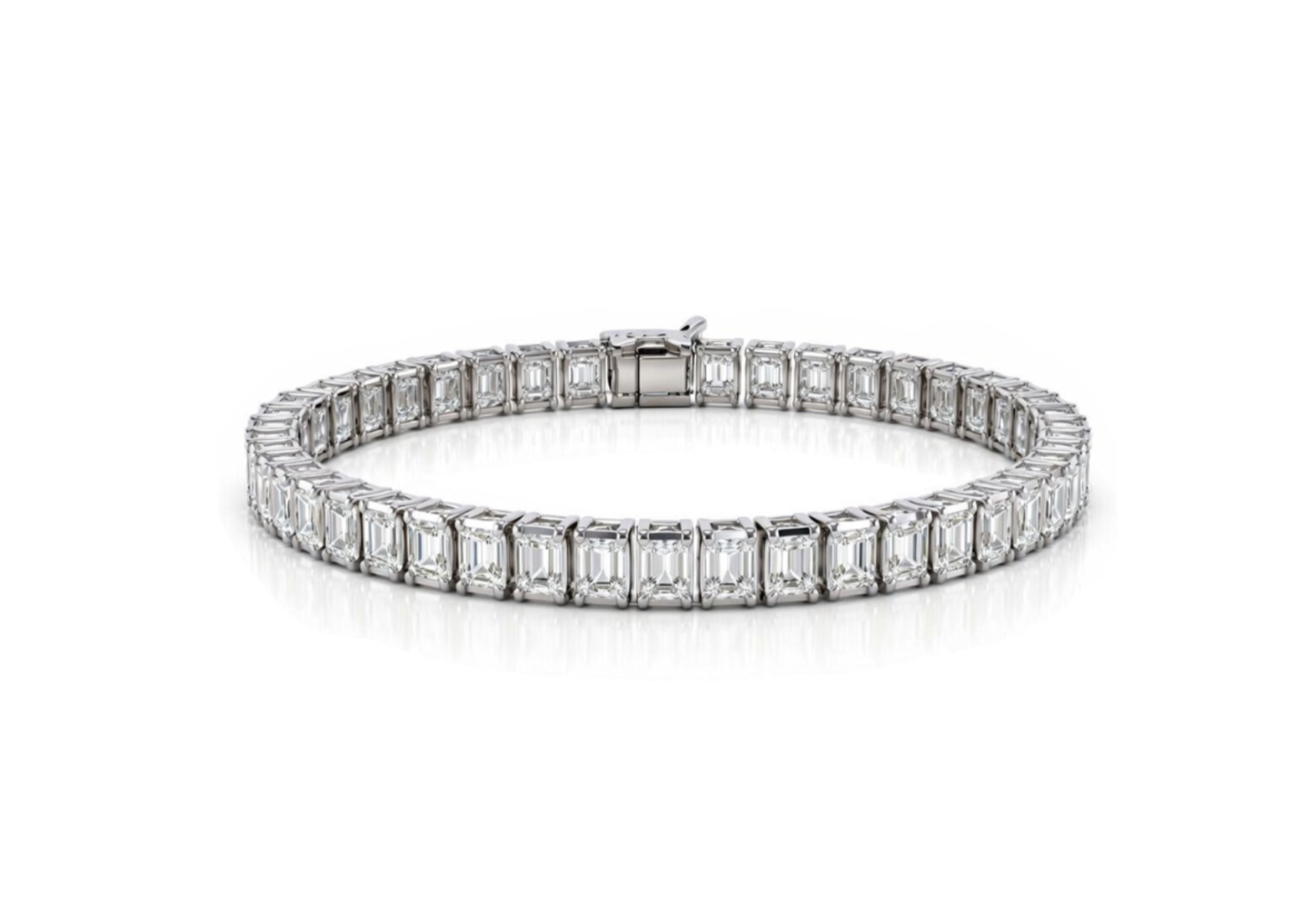 A silver tennis bracelet with rectangular-cut clear gemstones set in a row.