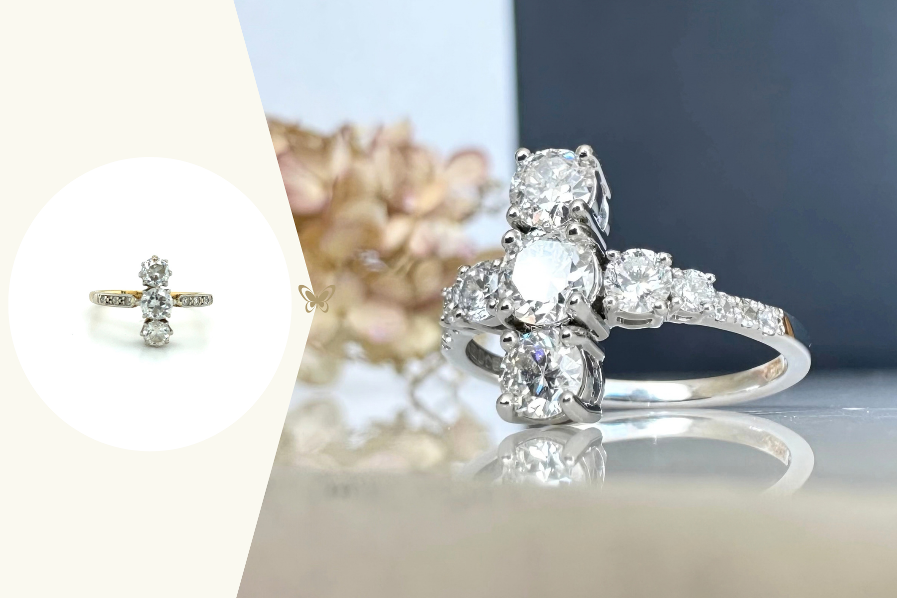 Victorian Trilogy Ring Remodelled into Modern Platinum Vertical Trilogy Ring