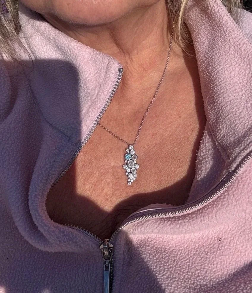 Angela wearing her remodelled diamond memorial pendant
