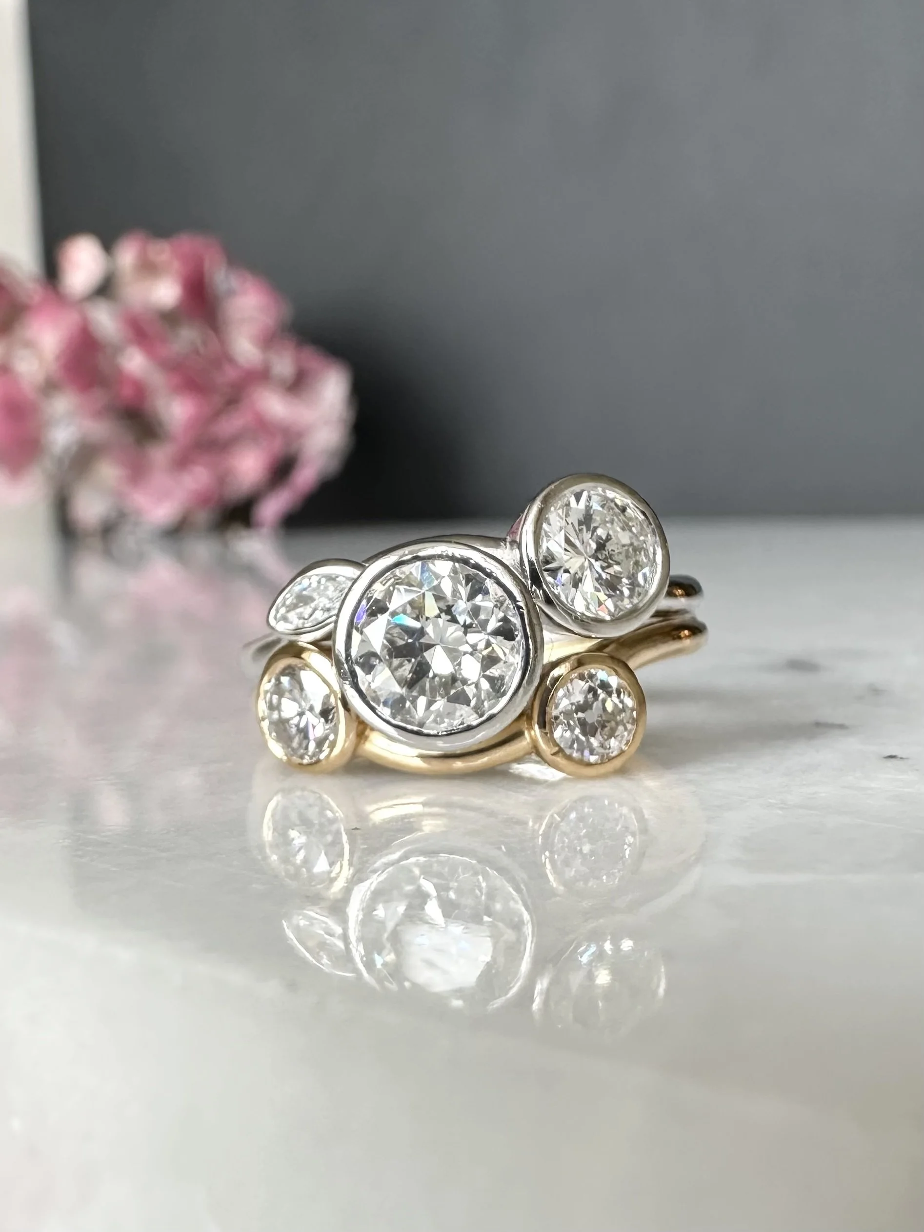 Organic Legacy ring set with Karen’s family diamonds and a marquise diamond