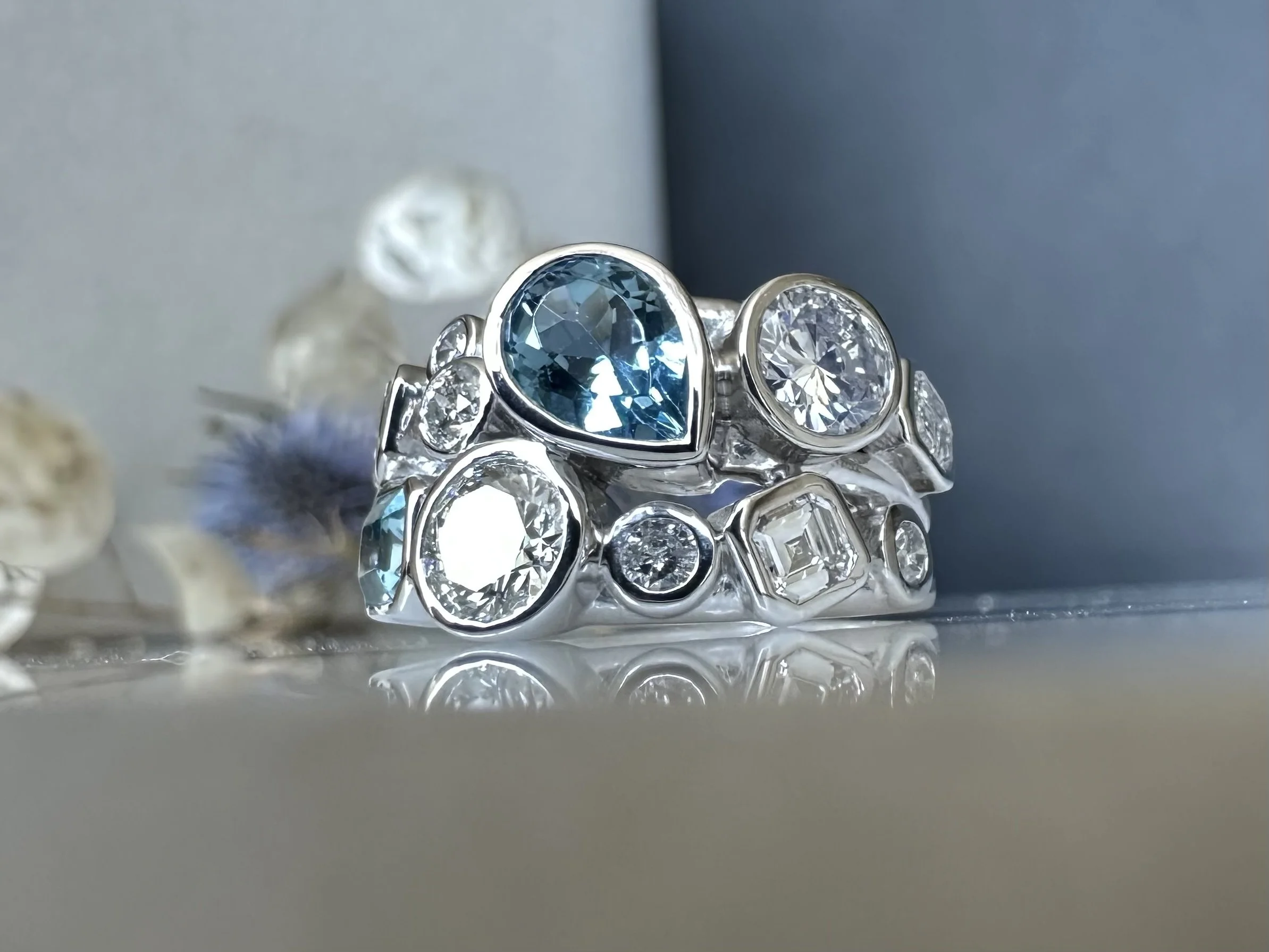 Diamond and aquamarine Legacy ring in platinum