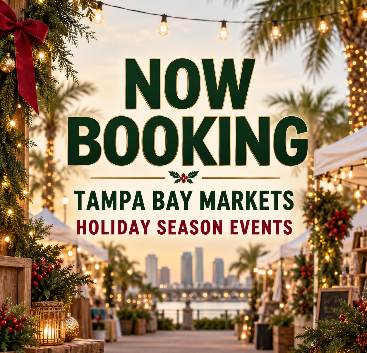 Now booking for Tampa Bay Markets holiday season events, shown over a festive outdoor market with palm trees, holiday lights and the Tampa skyline