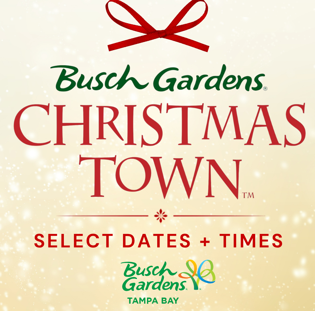 Busch Gardens Christmas Town graphic announcing a Tampa Bay Markets local vendor experience on select dates