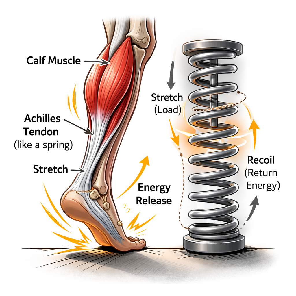 Illustration showing Achilles tendon storing and releasing elastic energy during running