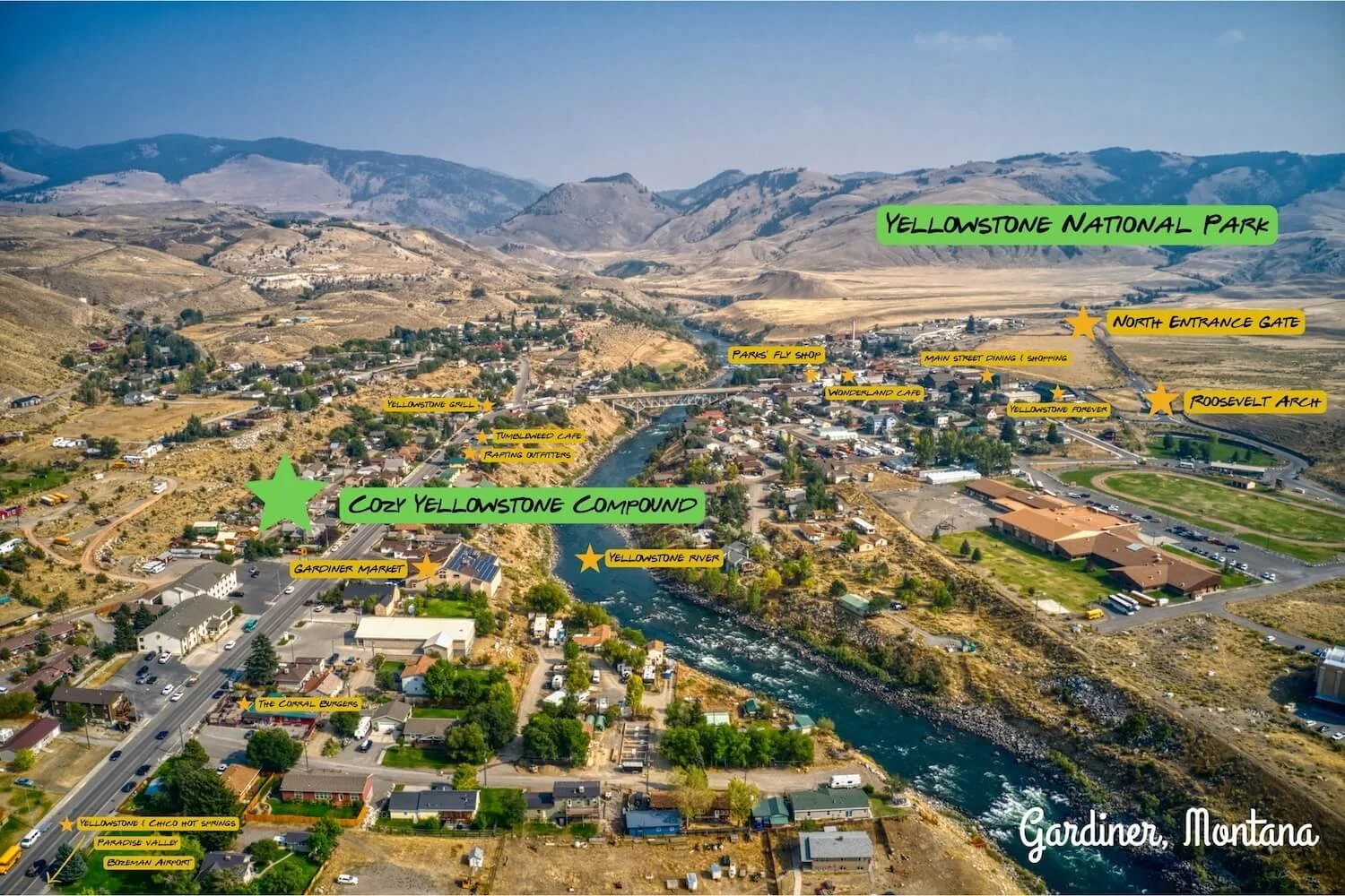 Aerial view of Gardiner, Montana, with labeled landmarks including Yellowstone River, Cozy Yellowstone Compound, Roosevelt Arch, and North Entrance Gate