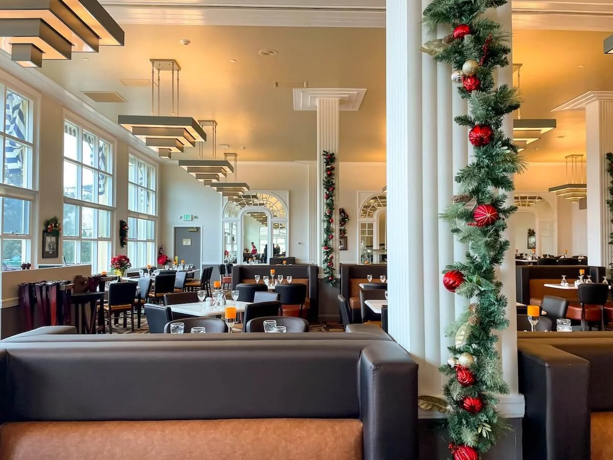 dining room decorate in garland and ornaments