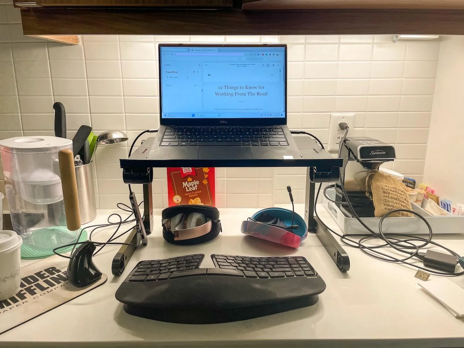table top laptop stand on kitchen countertop