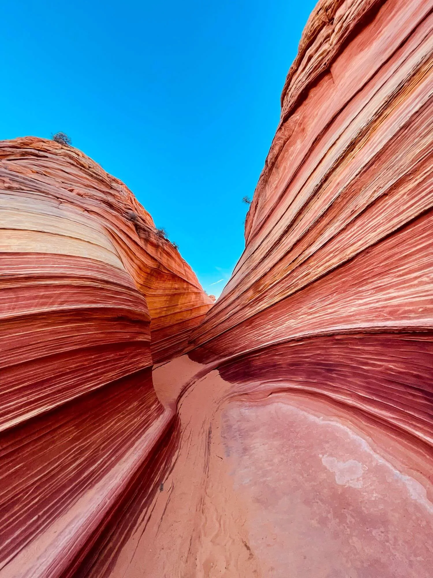 curved sandstone rock walls with white and red stripes