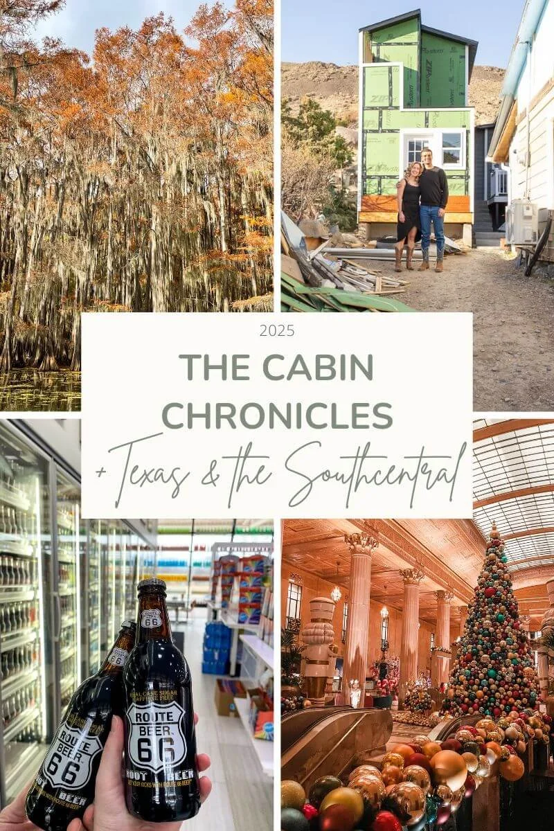 A collage of four photos showing property construction, fall foliage, holiday decorations, and route 66