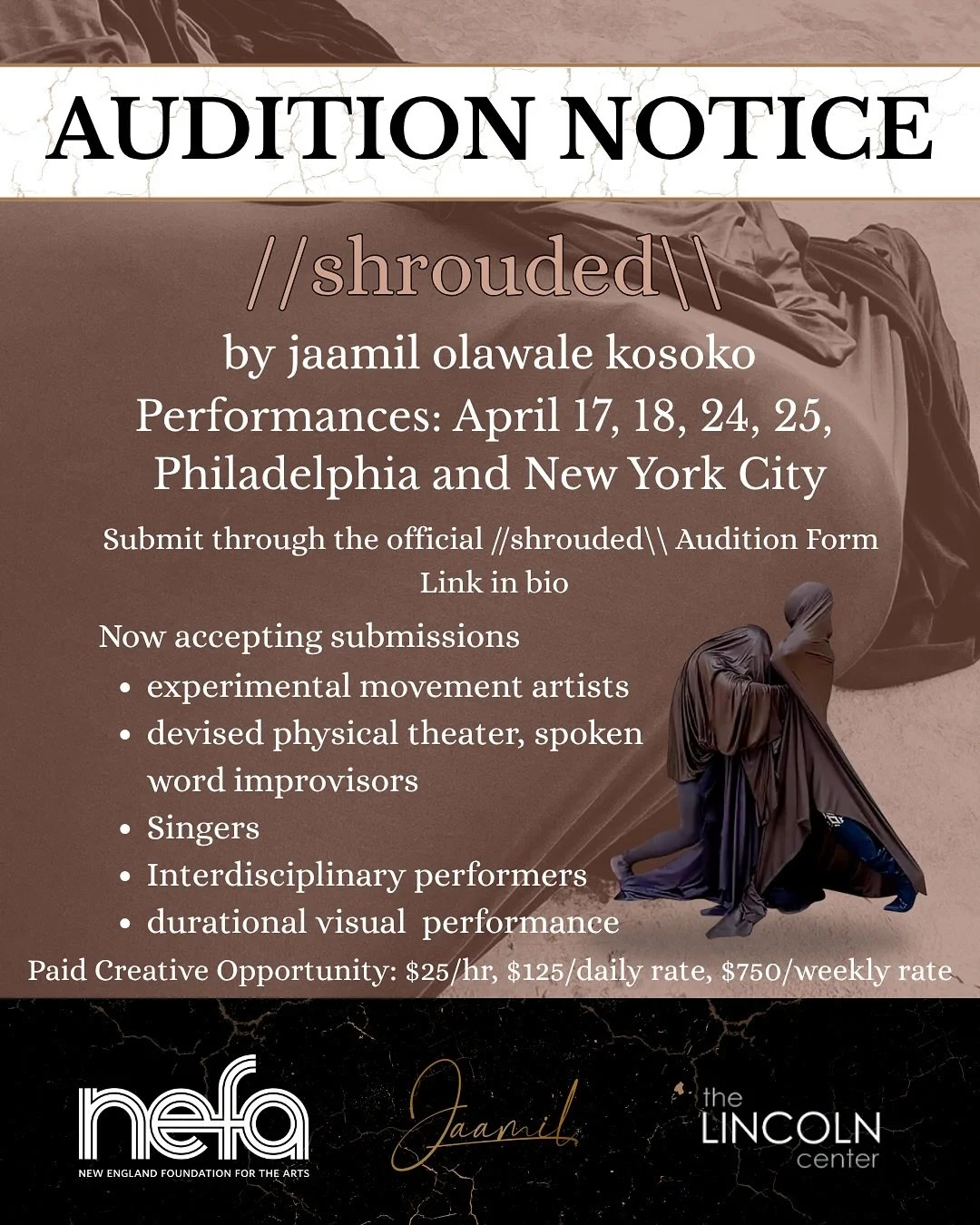 Hey friend! Spread the word&hellip; new work opening Spring of 2026 and we&rsquo;re looking for talented performers. ✨#shrouded #performance #nyc #philly #jaamilolawalekosoko