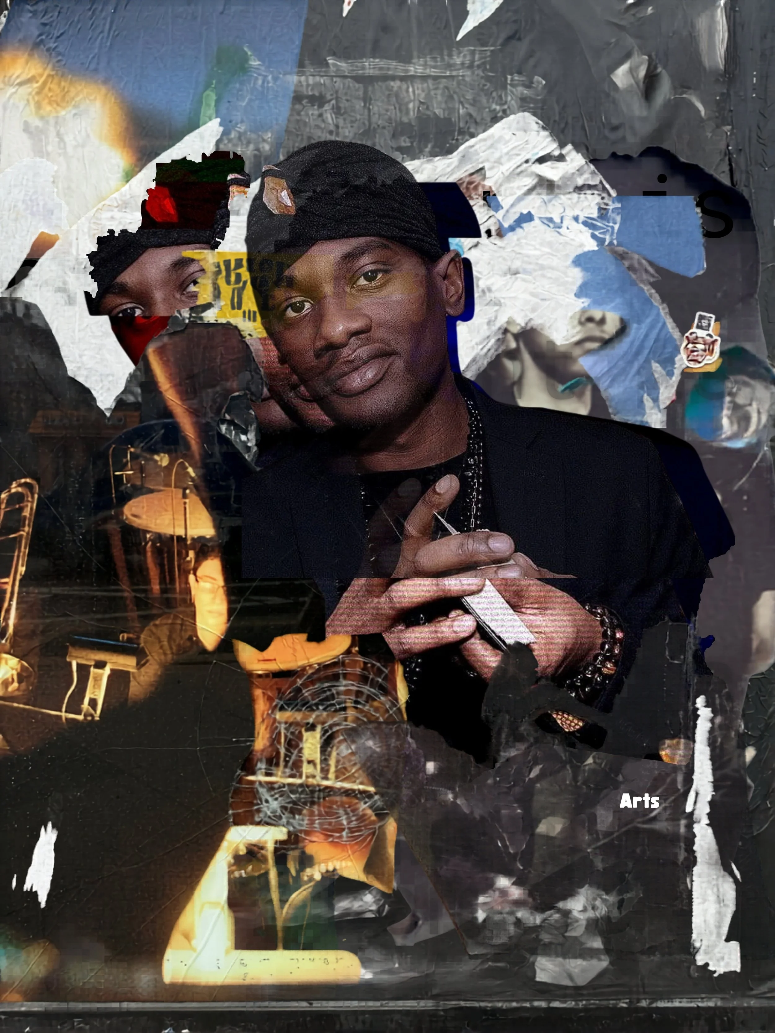 A collage of torn and layered images featuring a man with short hair, a serious expression, and hands clasped. The background includes parts of buildings, a person wearing a hat, and various abstract textures and colors. The word 'Arts' is visible in the bottom right corner.