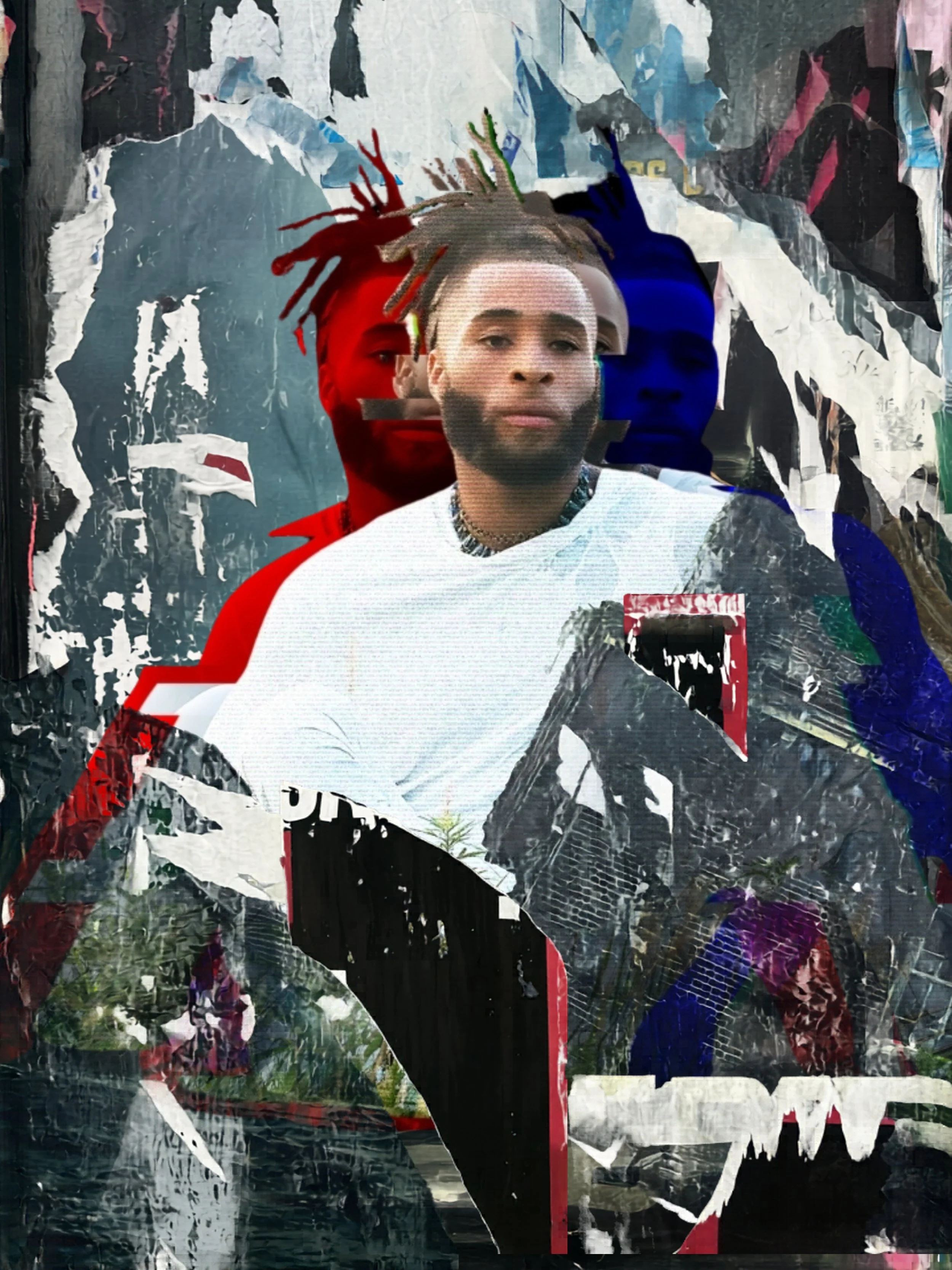 Multiple layered, torn poster images of people's faces in a collage art style.
