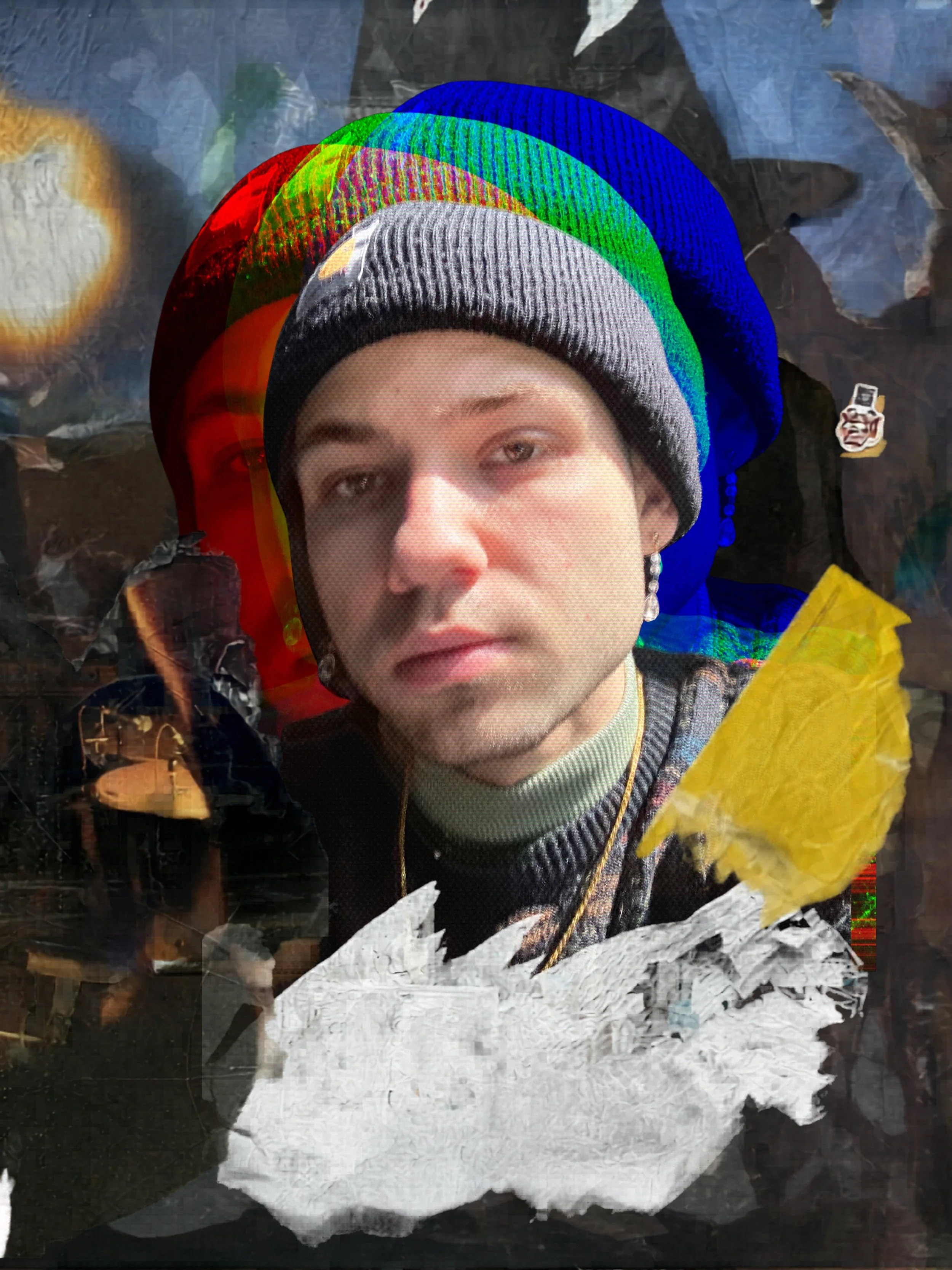 A woman wearing a gray beanie with a bird design, earrings, and a gray top, leaning against a wall with multiple colorful, semi-transparent overlapping layers, possibly a digital or artistic collage.
