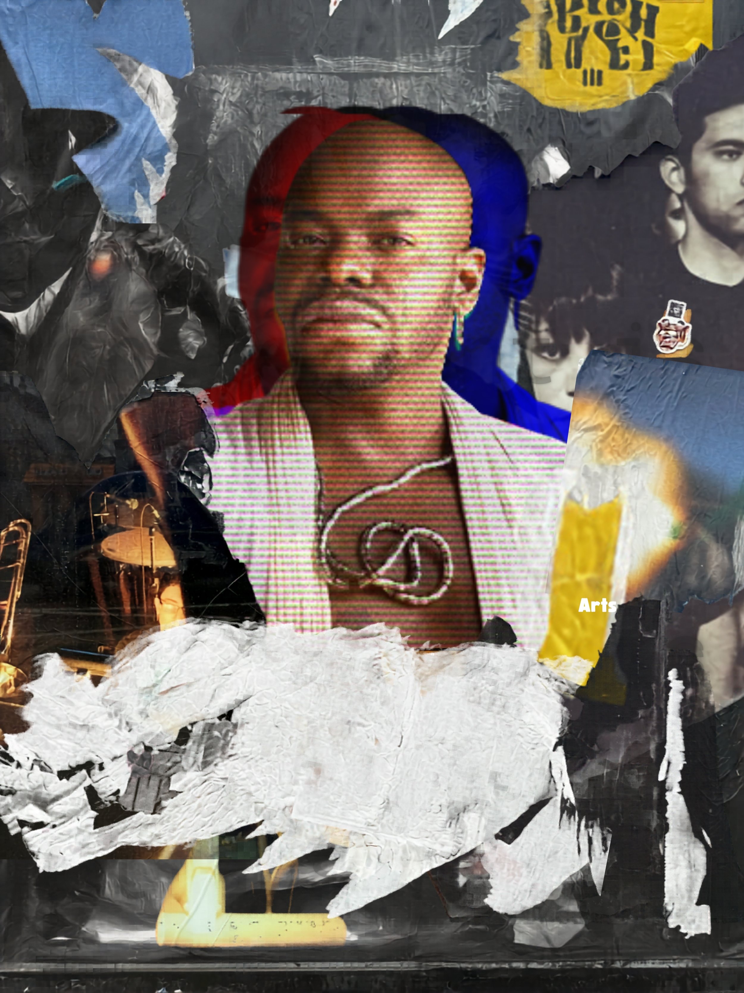 A mixed-media collage featuring a woman's portrait with a digital striped overlay, various torn paper pieces, and black-and-white photos in the background. The collage is layered with black, yellow, white, and crumpled paper elements.