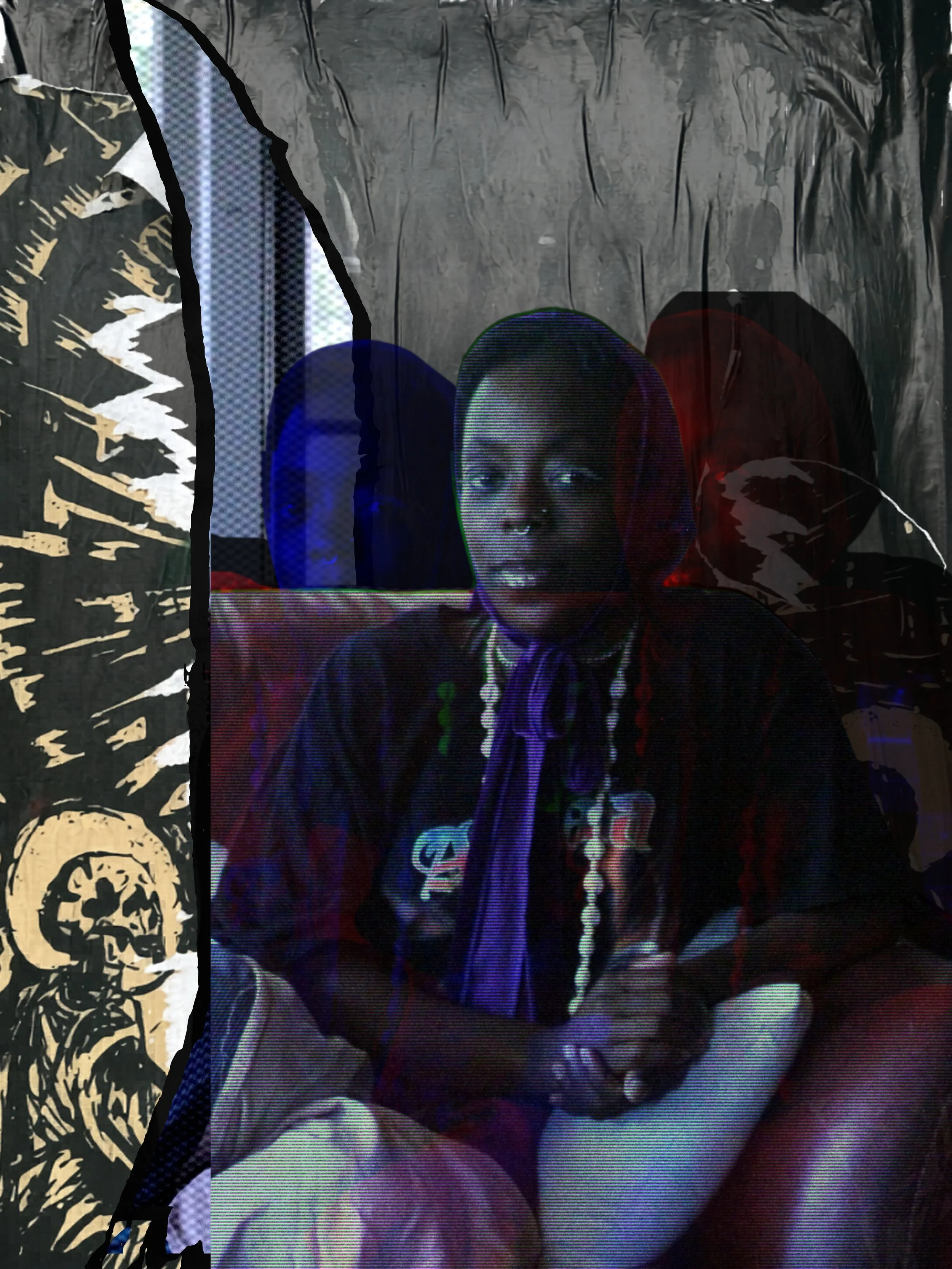 A young girl with braided hair and a serious expression sitting with her chin resting on her hands, dressed in a colorful jacket with a hoodie and illustration on it, against a dark textured background.