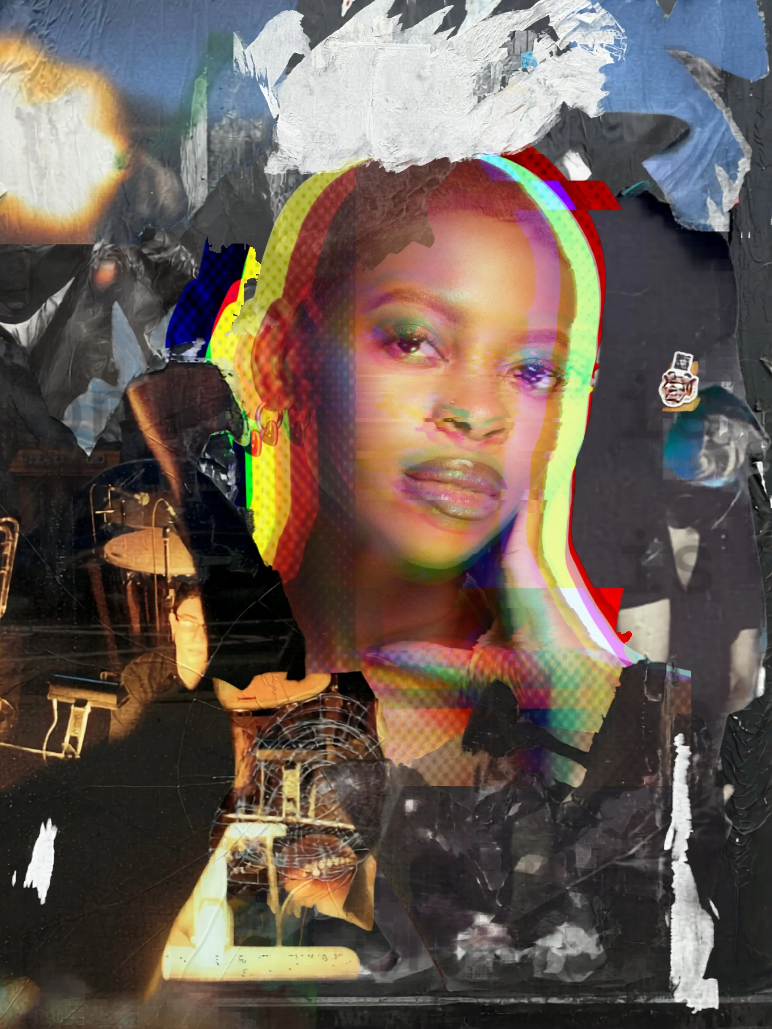 A mixed-media collage featuring a woman's portrait with vibrant, colorful effects, surrounded by torn plastic and paper textures, including elements of a person with a helmet, a person holding an object, and various abstract shapes and materials.