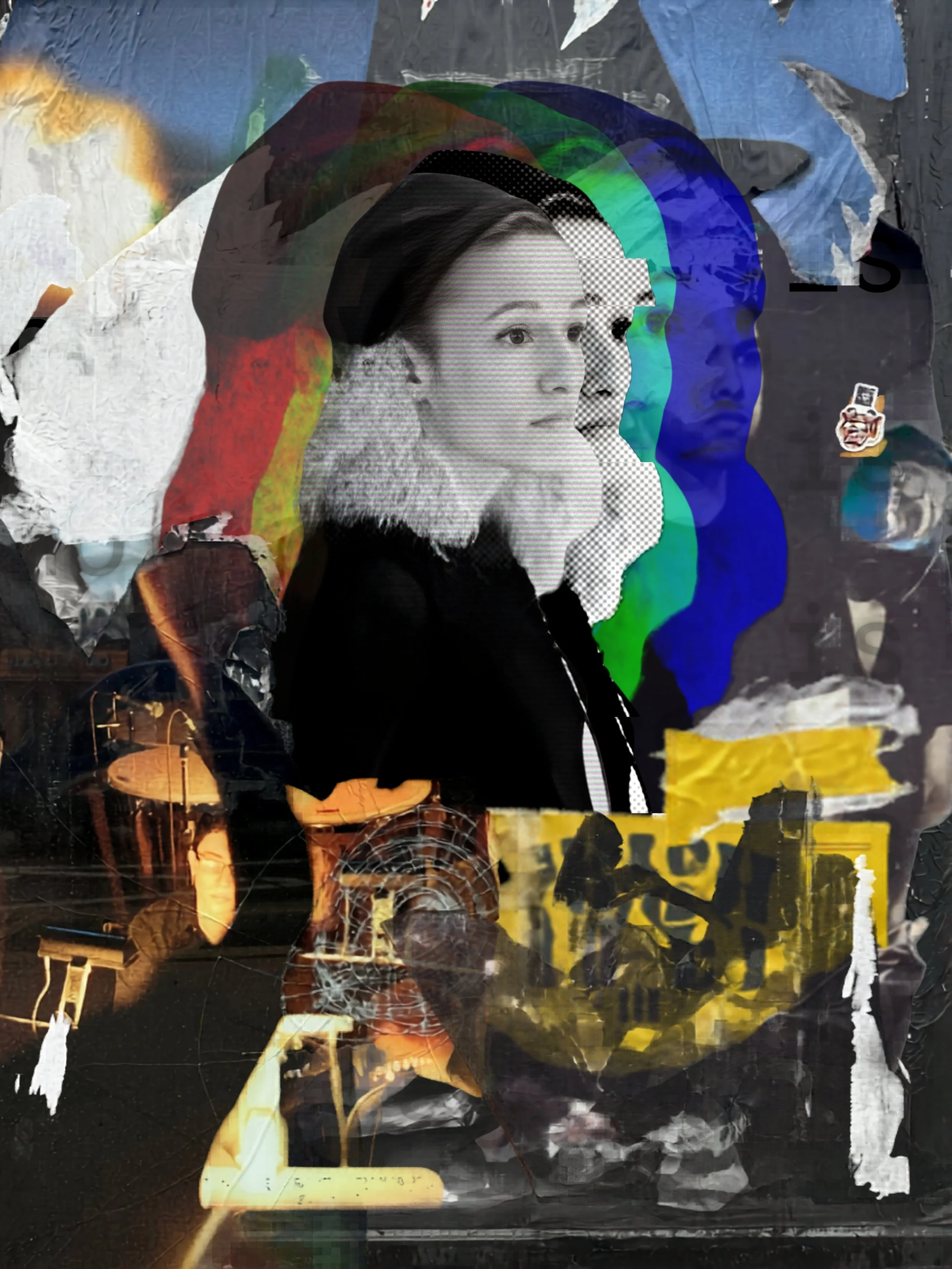 Collage of layered photos and torn posters featuring a woman with long dark hair, vintage-style objects, and abstract components in colors black, white, blue, green, red, and yellow.