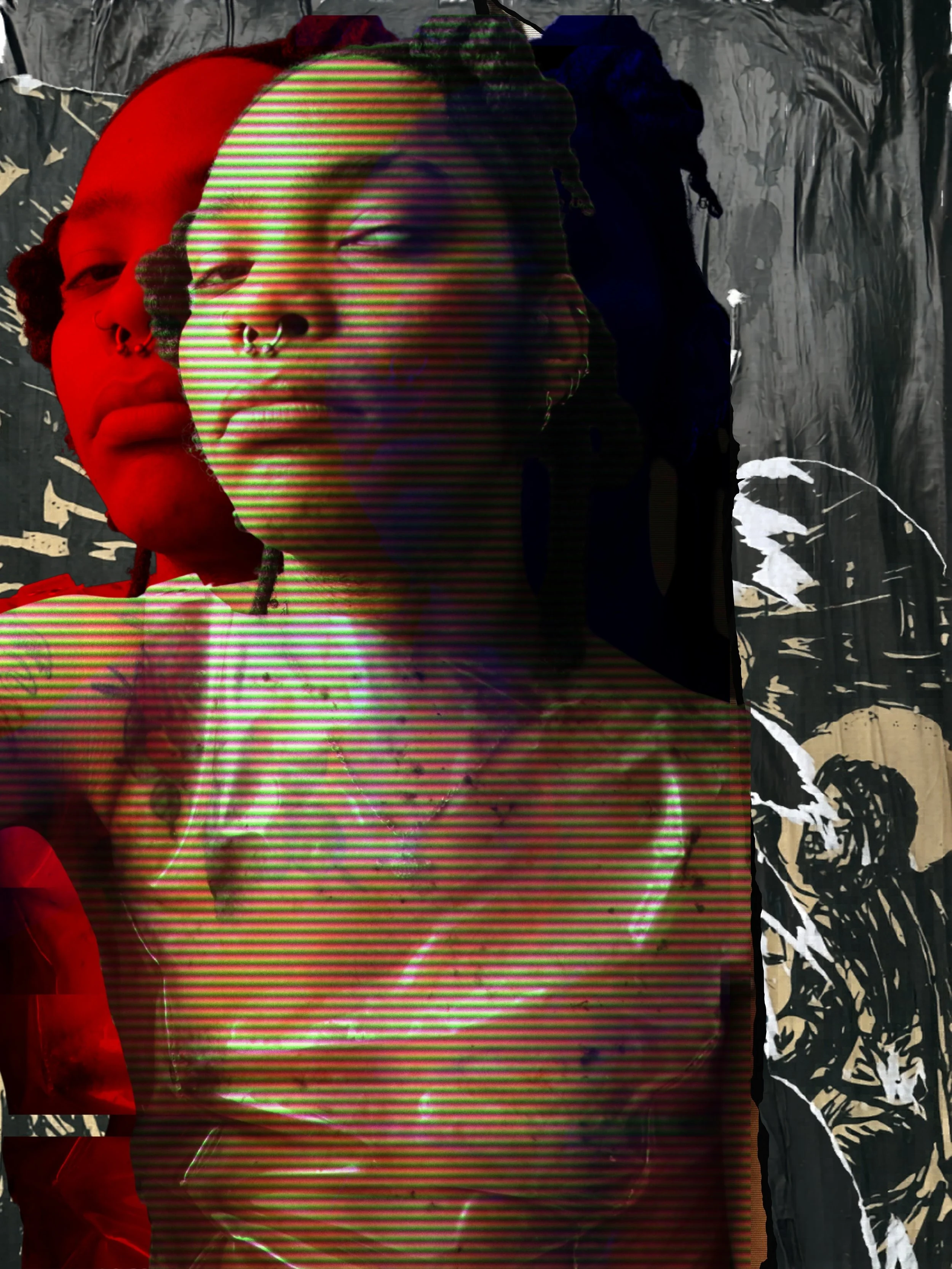 Multiple overlapping portraits of a woman with a septum piercing, featuring different color filters, combined with abstract black and white floral and textured backgrounds.