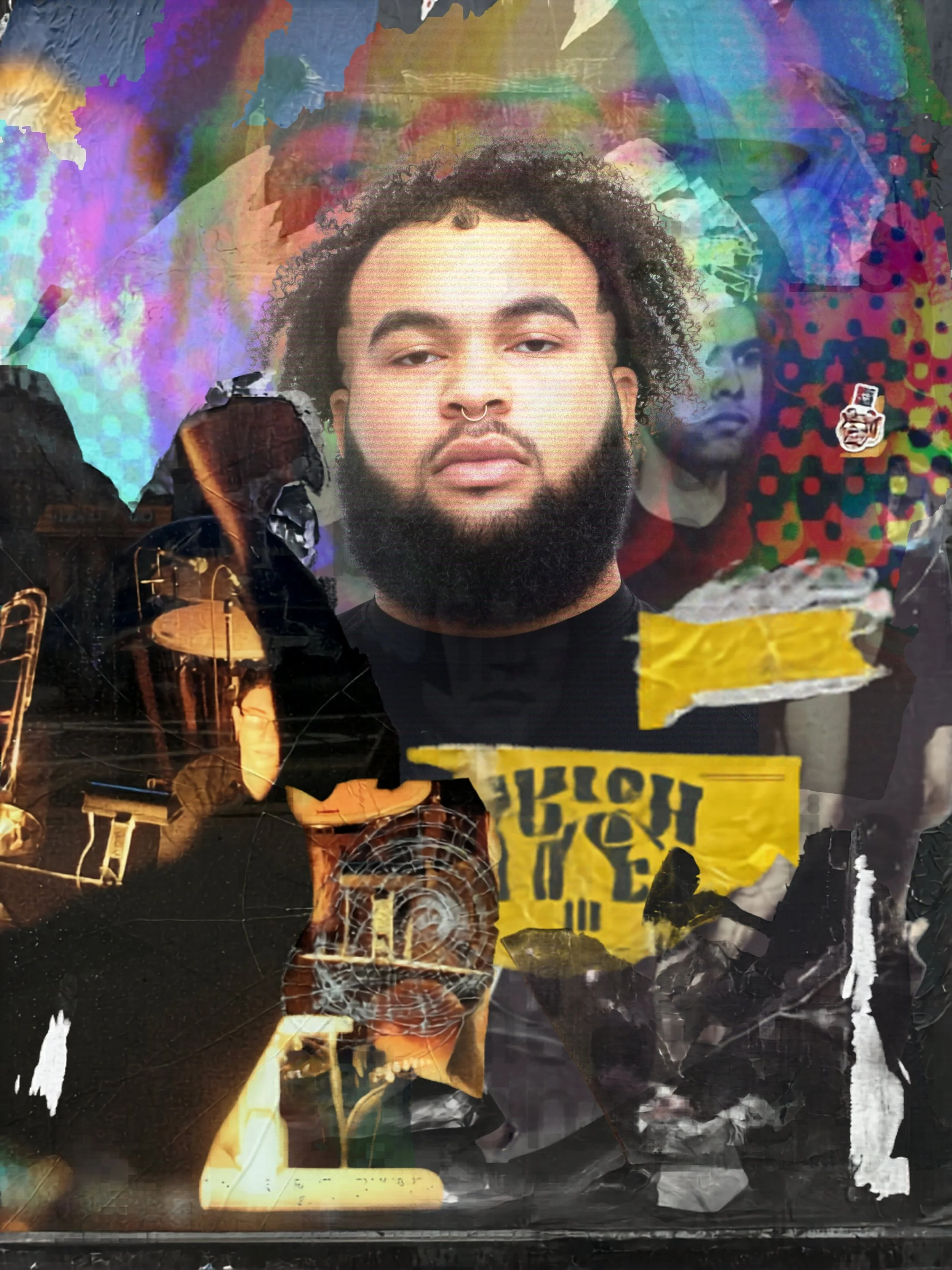 A collage of multiple layers featuring a man with curly hair and a beard, with various images and colorful abstract elements overlaid. Some visible text includes yellow and black lettering. The image appears torn and pasted, creating a mixed media effect.