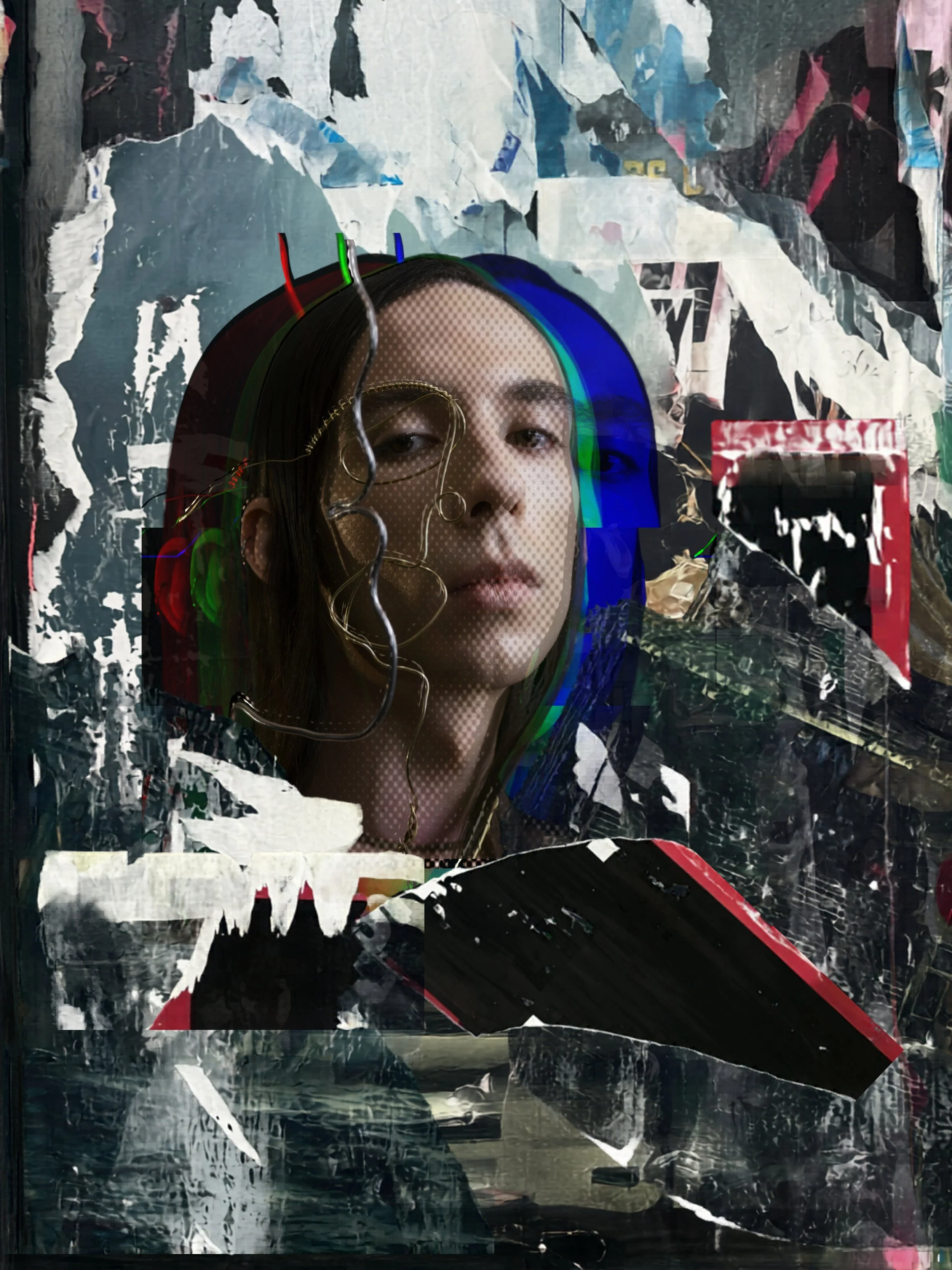 A young woman with long hair, wearing a gold necklace, is seen through a layered, torn collage with a mix of colors including red, green, blue, and black, along with crinkled and ripped paper textures.