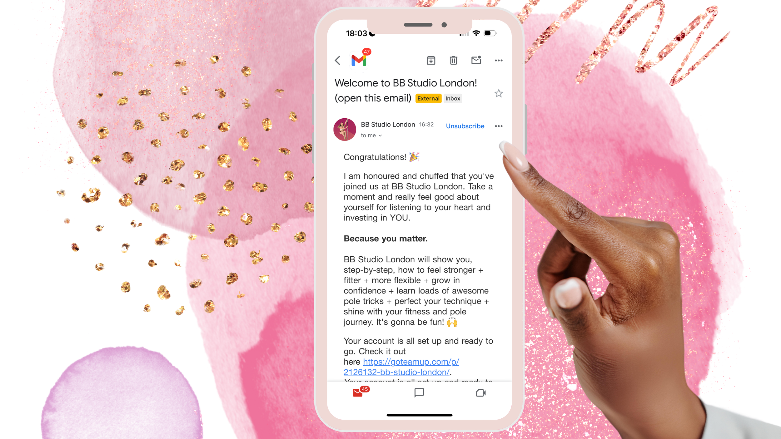 Smartphone displaying a welcome email from BB Studio London on a pink, lavender, and gold glitter background.