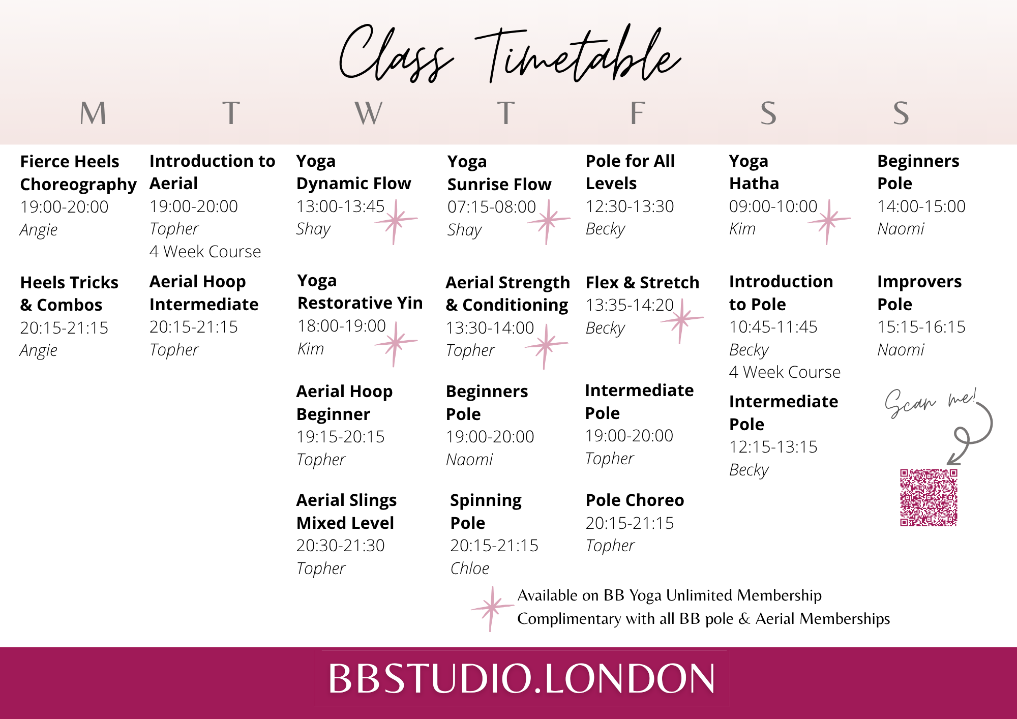 A weekly class timetable for BB Studio London, listing various yoga, pole dancing, and aerial fitness classes from Monday to Sunday, with times, instructors, and some classes marked as free for BB Pole & Aerial members.