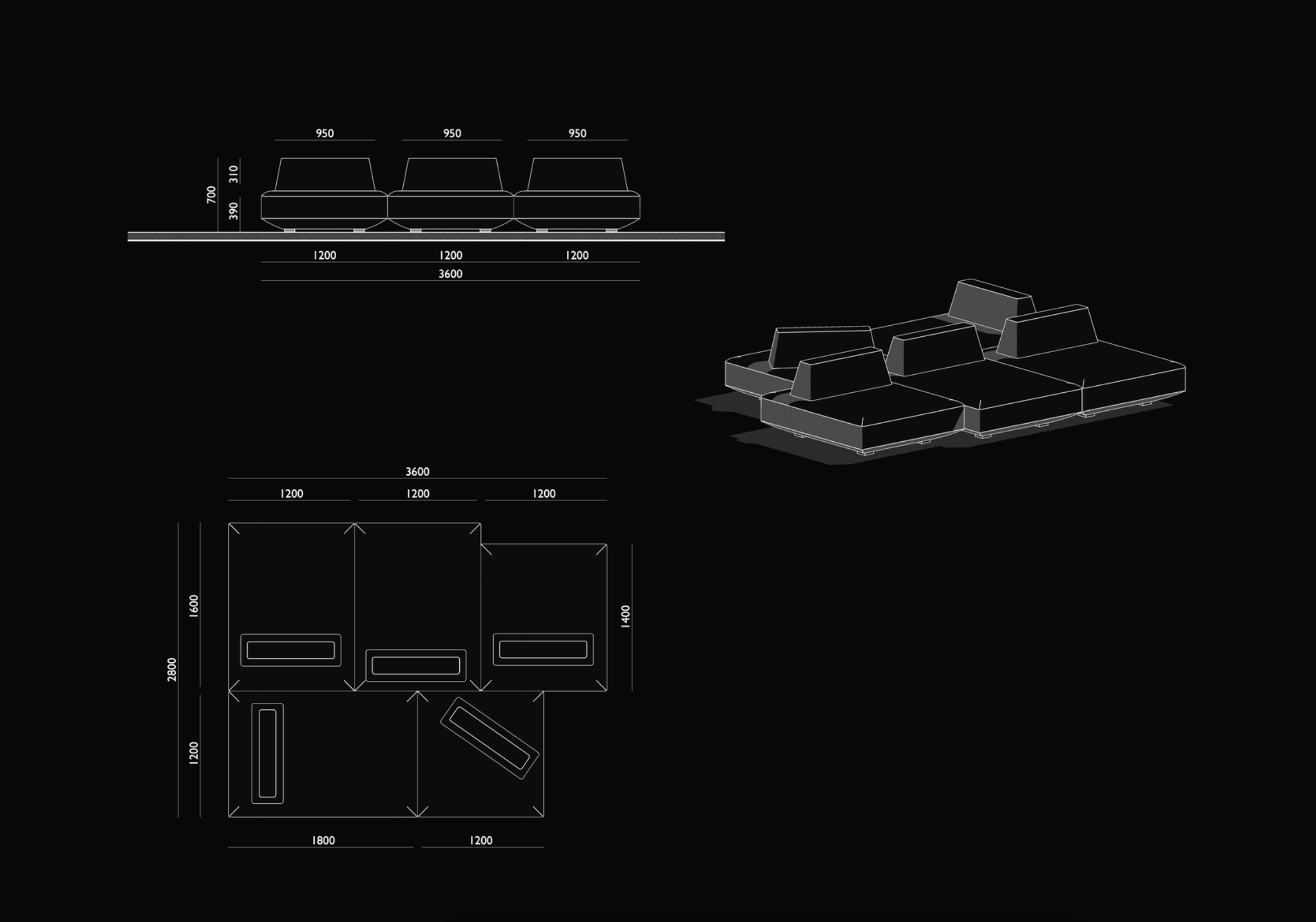 Technical information of a 5 seater sofa - modular sofa design by uniqoncept furniture.