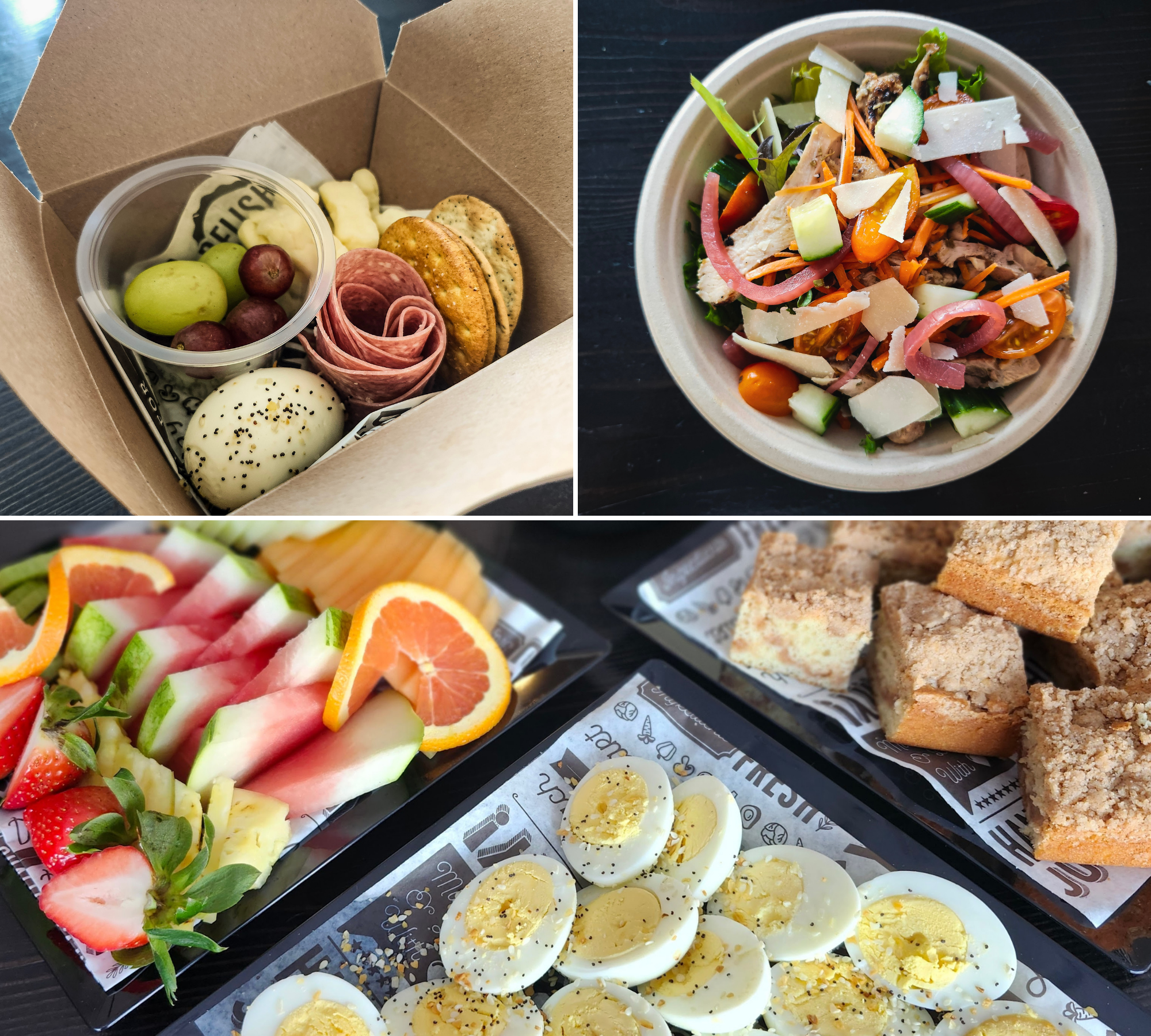 A collage of four images of various food items. Top left shows a box with grapes, a boiled egg, cheese, crackers, and a meat roll. Top right features a bowl of salad with cherry tomatoes, cucumber, shredded carrots, and cheese. Bottom left displays a tray with sliced strawberries, watermelon, cantaloupe, and orange slices. Bottom right has trays with sliced boiled eggs seasoned with pepper, and pieces of crumbly cake or bars.