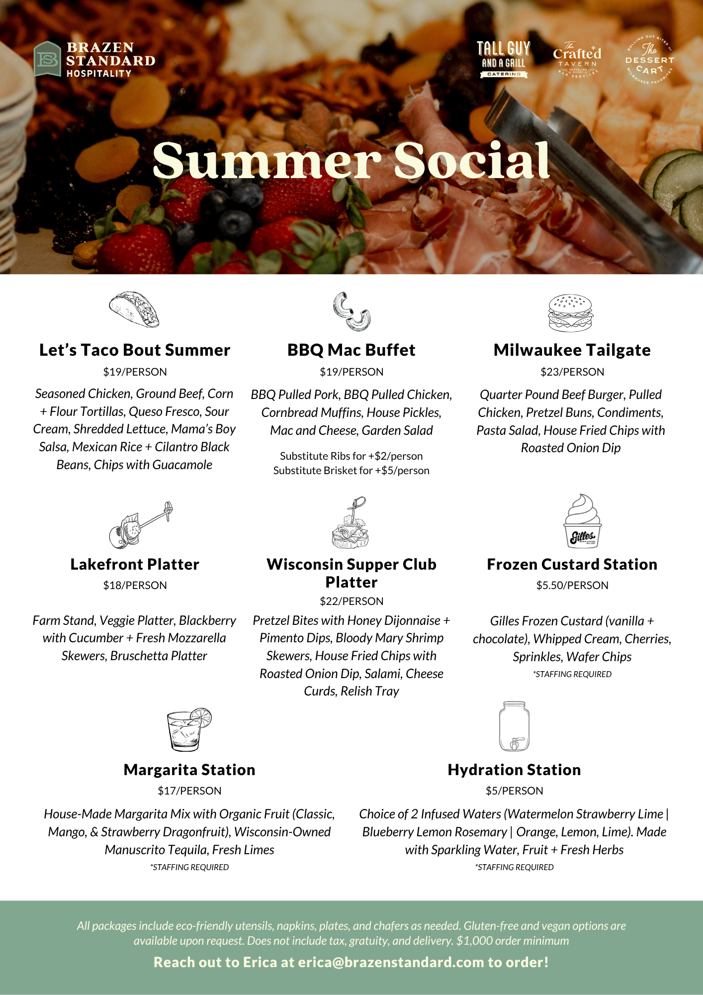 Menu for a summer social event featuring various food options including taco, buffet, tailgate, platter, and dessert items with prices per person.