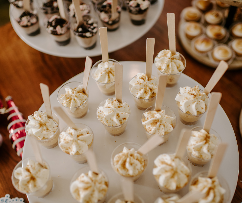 Dessert shooters with festive holiday decor.